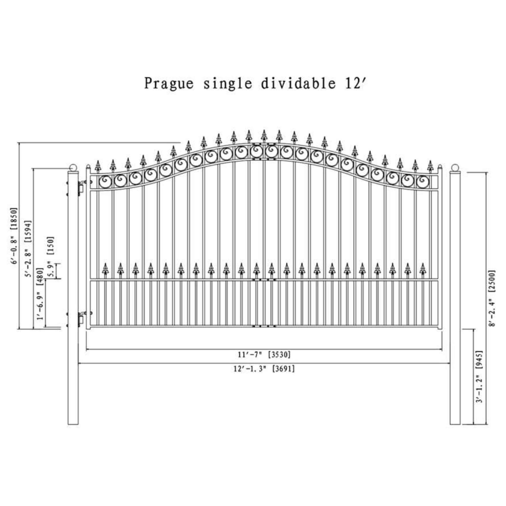 [12-18FT] Heavy-Duty Prague-Style Powder-Coated Galvanized Steel Dual Swing Driveway Gate (SAK48530)