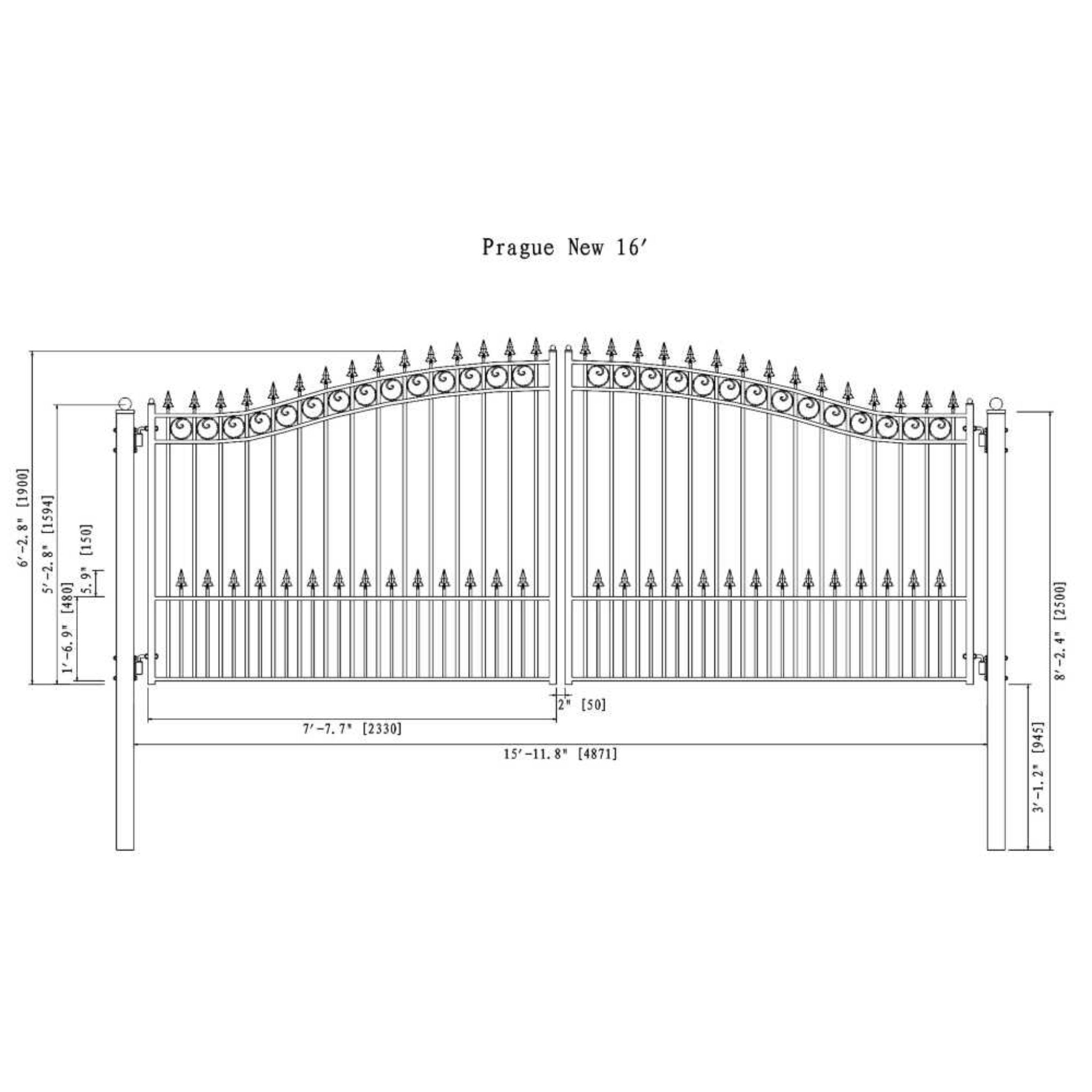 [12-18FT] Heavy-Duty Prague-Style Powder-Coated Galvanized Steel Dual Swing Driveway Gate (SAK48530)