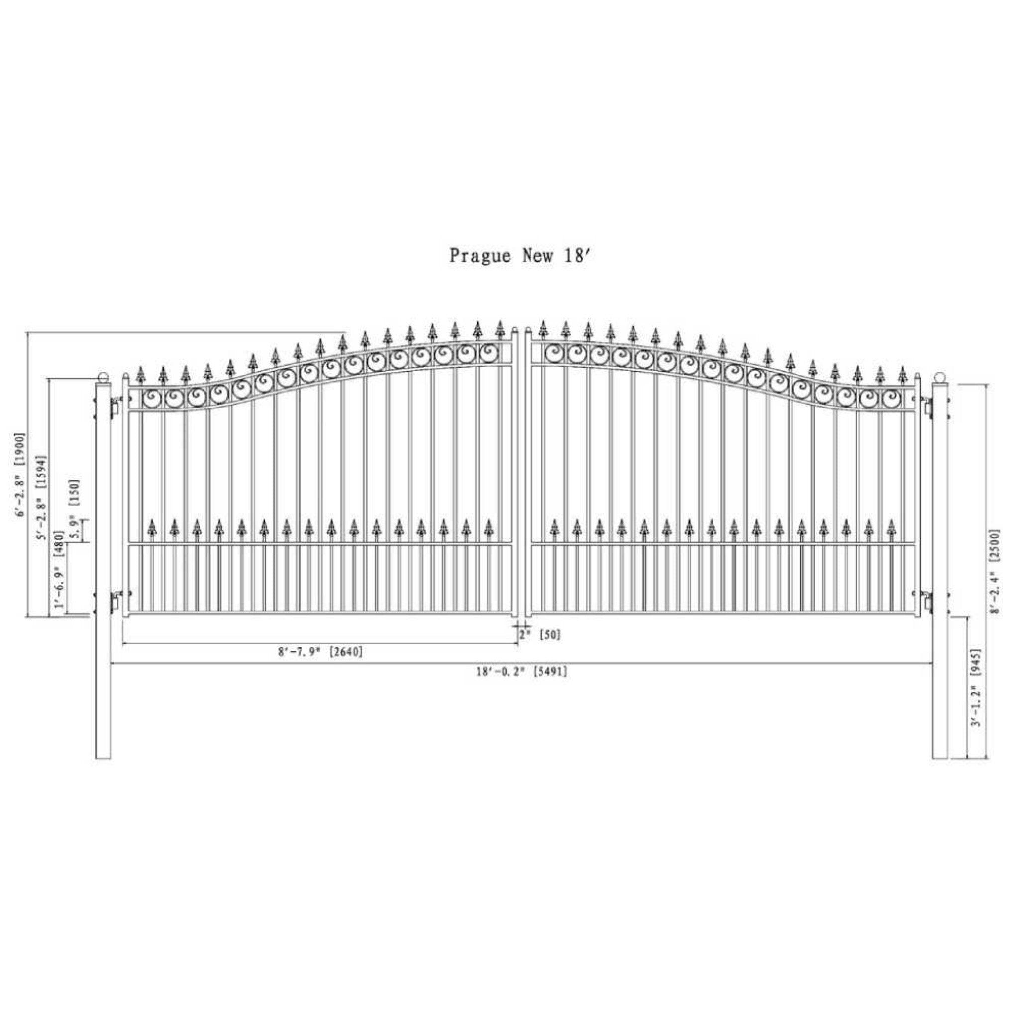 [12-18FT] Heavy-Duty Prague-Style Powder-Coated Galvanized Steel Dual Swing Driveway Gate (SAK48530)