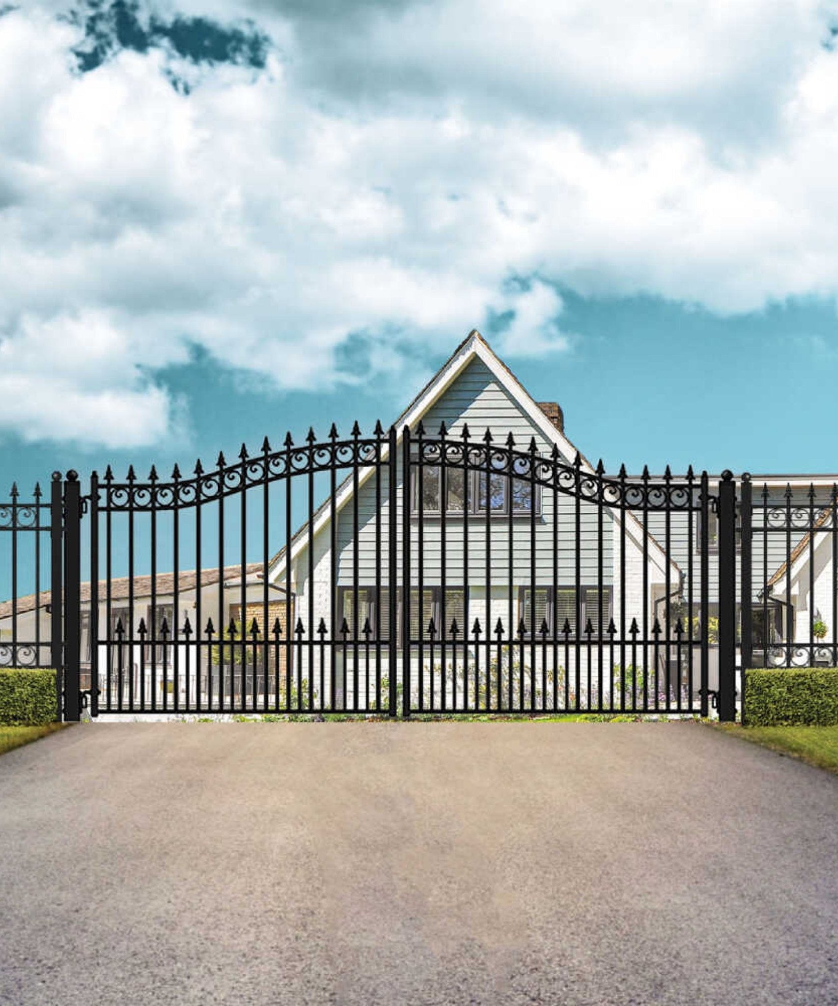 [12-18FT] Heavy-Duty Prague-Style Powder-Coated Galvanized Steel Dual Swing Driveway Gate (SAK48530)