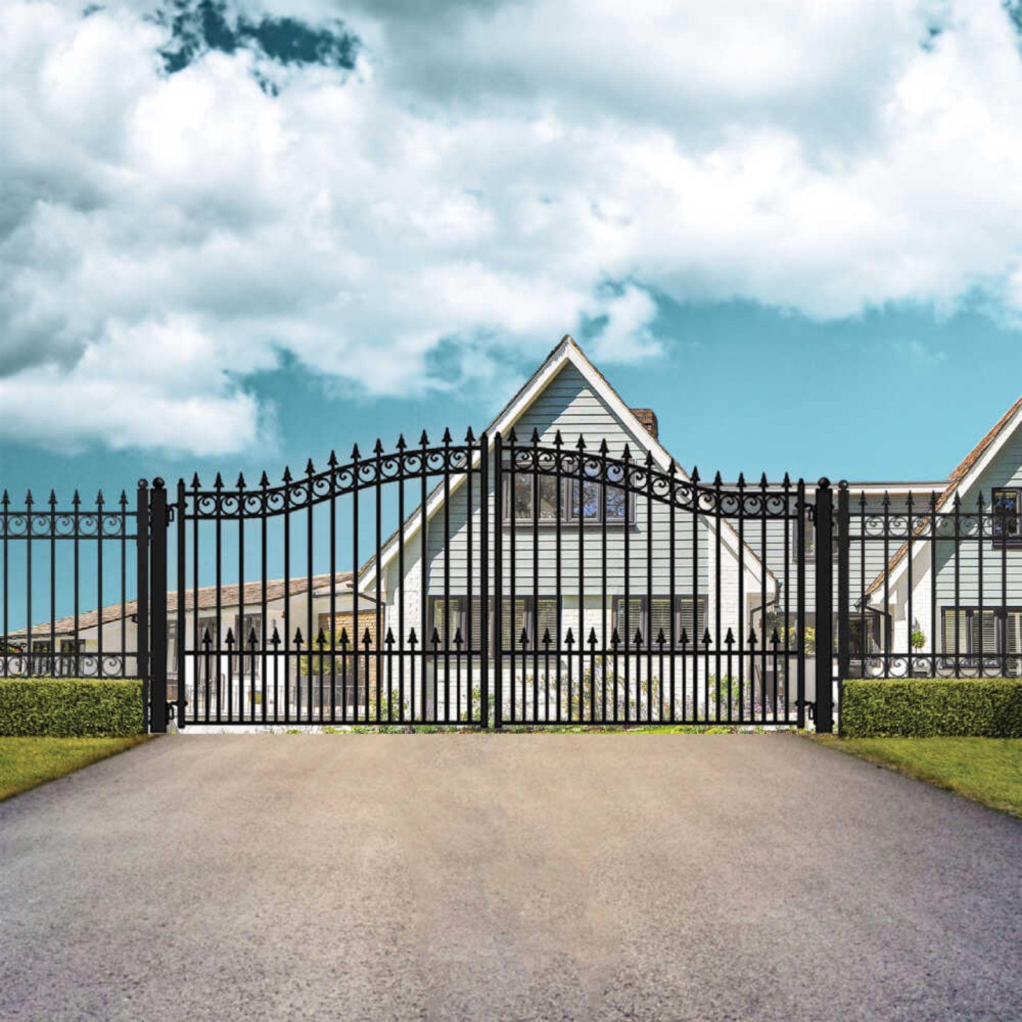 [12-18FT] Heavy-Duty Prague-Style Powder-Coated Galvanized Steel Dual Swing Driveway Gate (SAK48530)