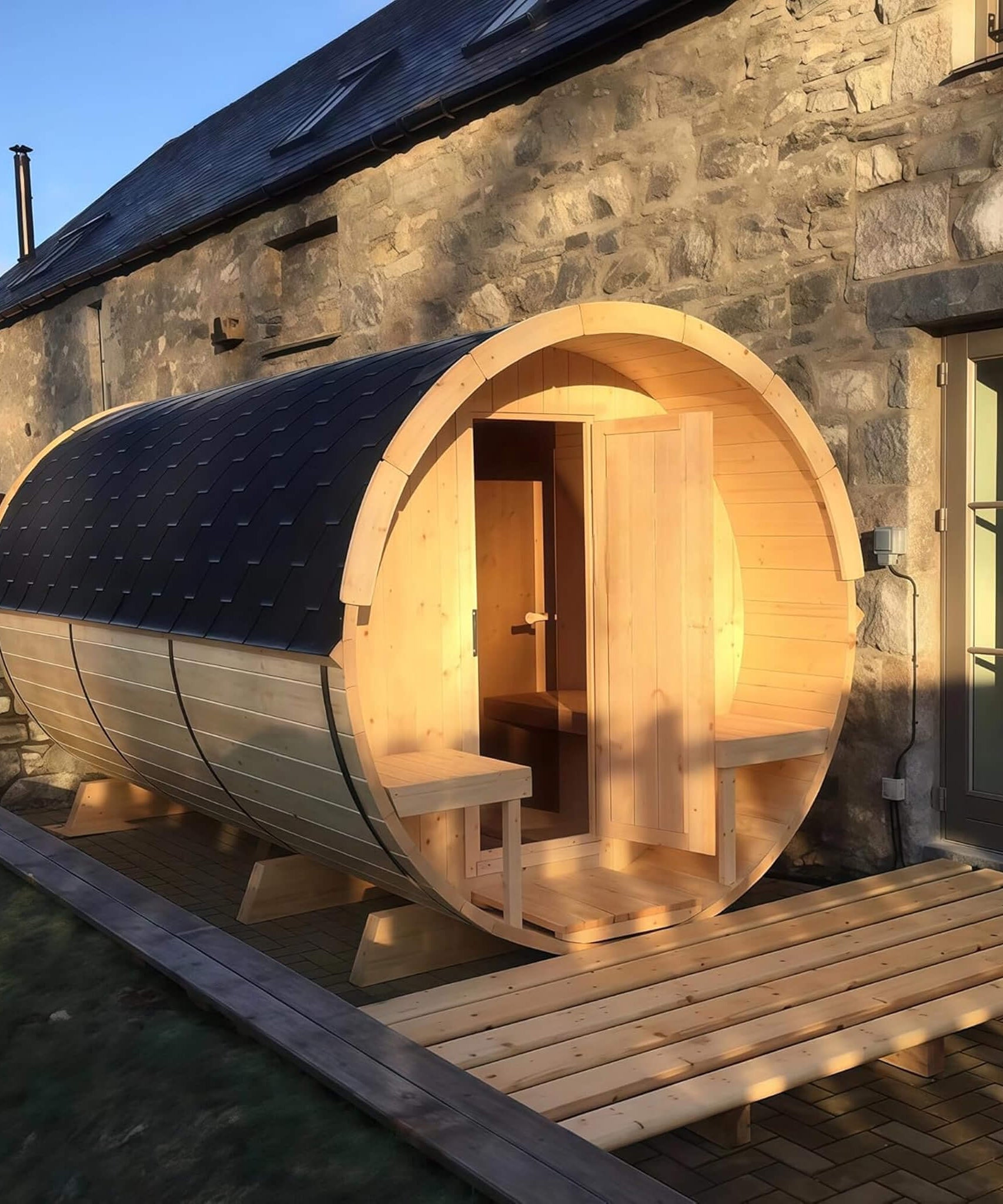 Thermora Haven Premium All-Weather Outdoor Pinewood Barrel Sauna Kit With 4.5KW Heater And Tempered Glass Window (SAK91462)