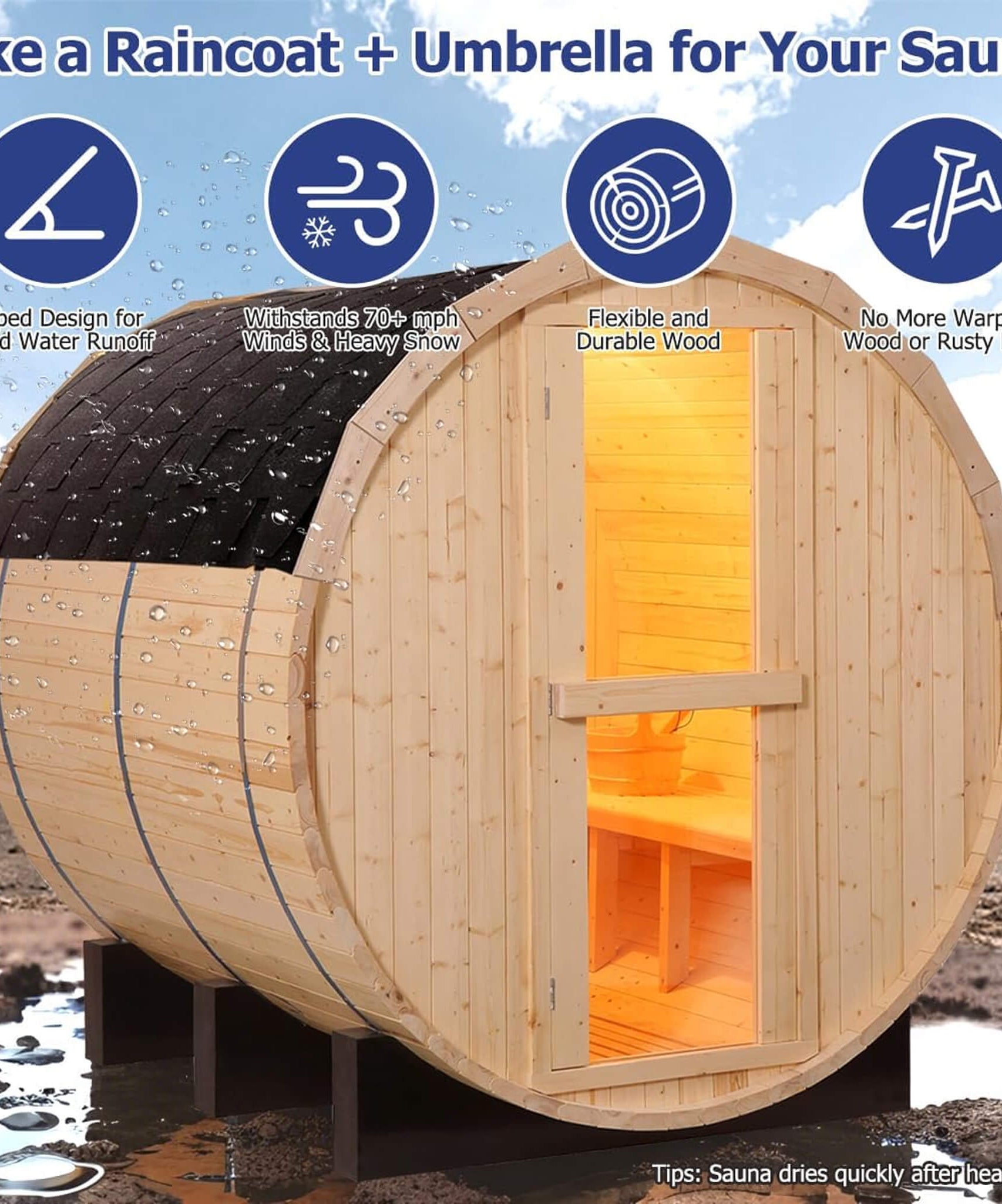 Thermora Haven Premium All-Weather Outdoor Pinewood Barrel Sauna Kit With 4.5KW Heater And Tempered Glass Window (SAK91462)