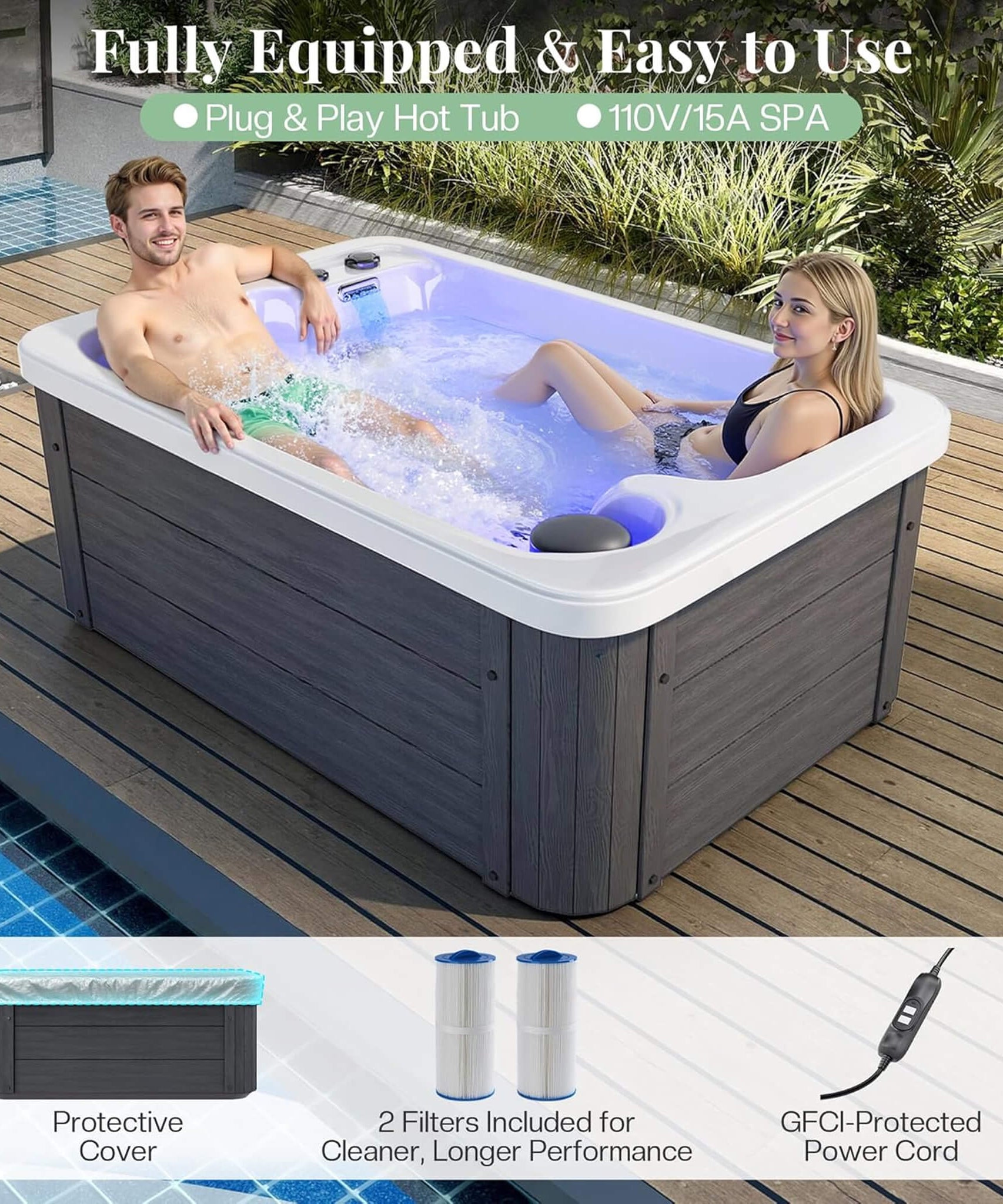 Nuvia Premium 2-Person Outdoor Hot Tub W/ 15 Stainless Steel Jets (SAK92015)
