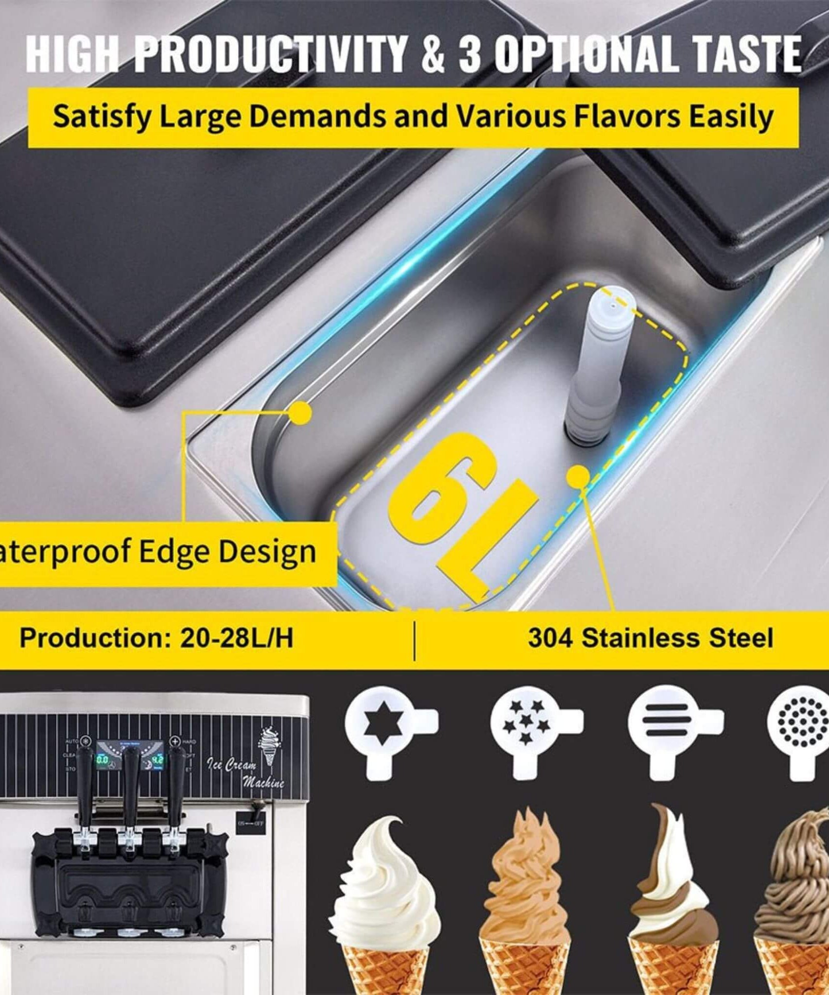 Premium 3-Flavors 20-28L/H Commercial Soft Serve Yogurt Ice Cream Machine Maker (SAK97524)