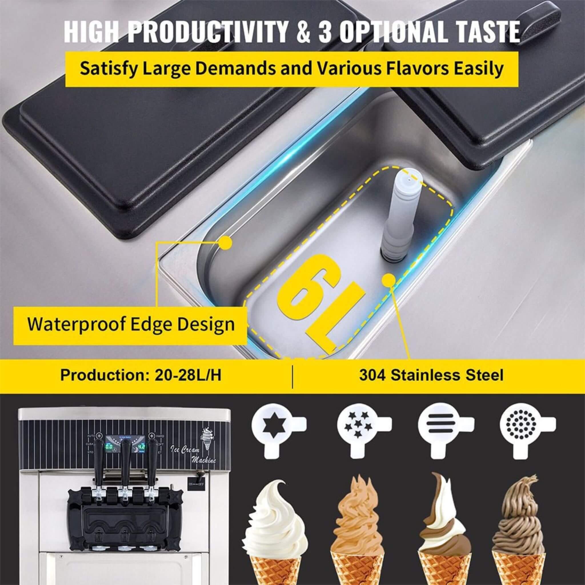 Premium 3-Flavors 20-28L/H Commercial Soft Serve Yogurt Ice Cream Machine Maker (SAK97524)