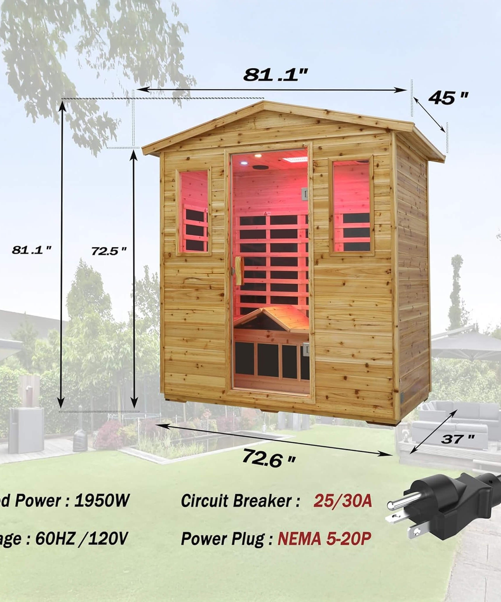 Thermora Kora Deluxe 3-Person Outdoor Full Spectrum Low EMF Infrared Home Sauna With Bluetooth Speakers And LED Reading Light (SAK14098)