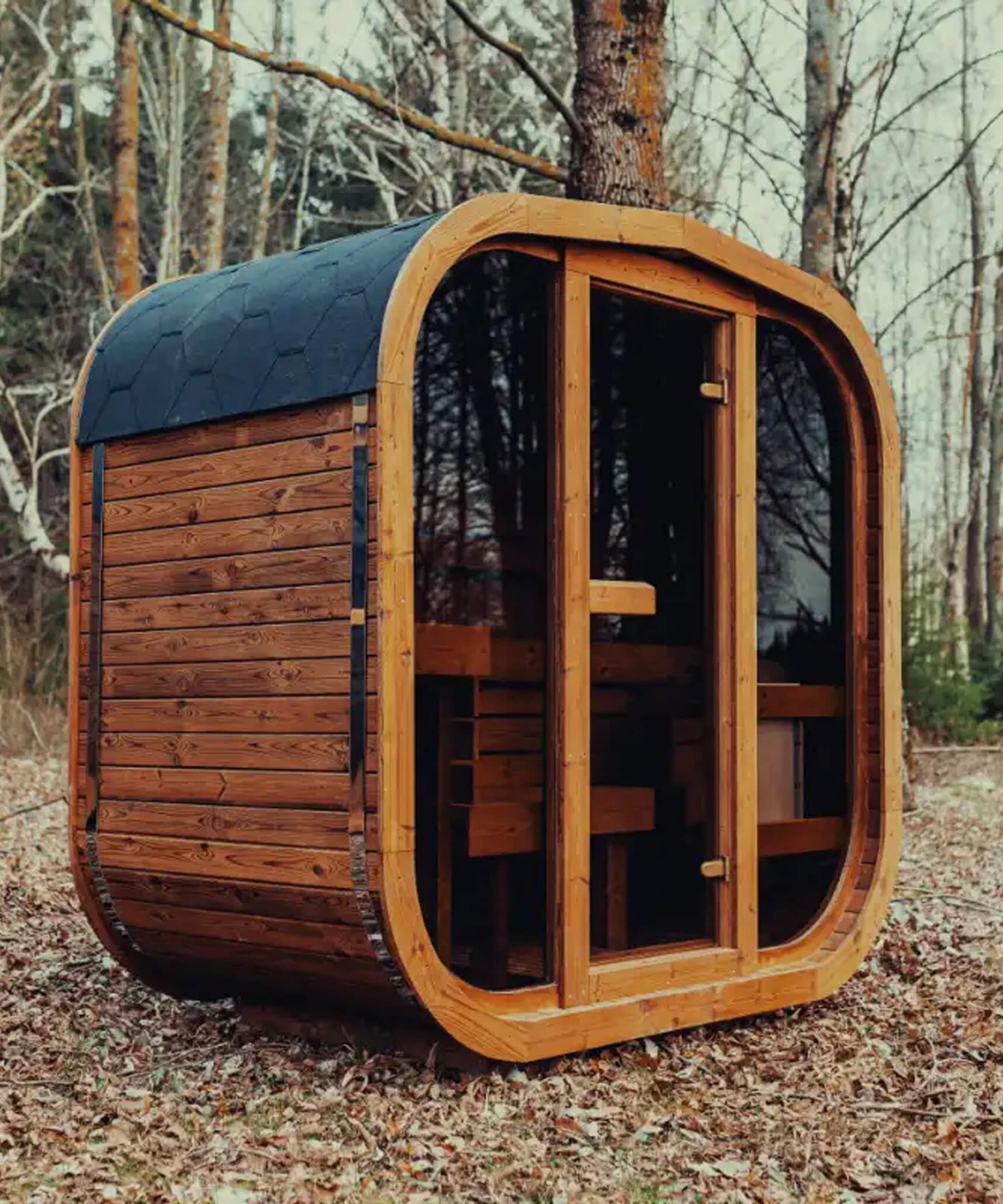 Premium 3-Person Outdoor Scandinavian ThermoWood Cube Sauna Kit With LED Lighting (SAK47582)