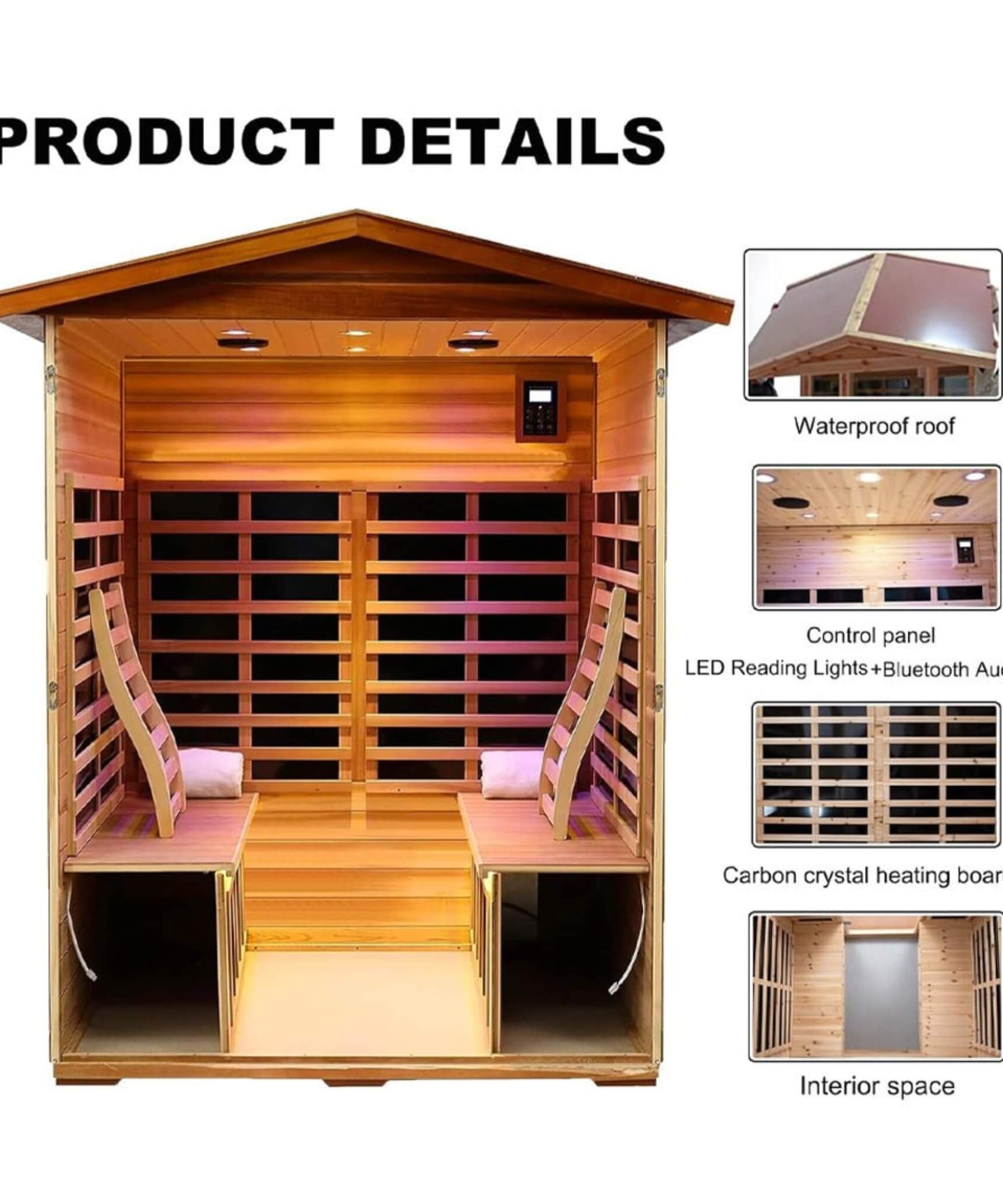 Thermoa Valois Premium 4-Person 2050W Luxury Low EMF Outdoor FAR Infrared Home Sauna With Bluetooth Audio (SAK15372)