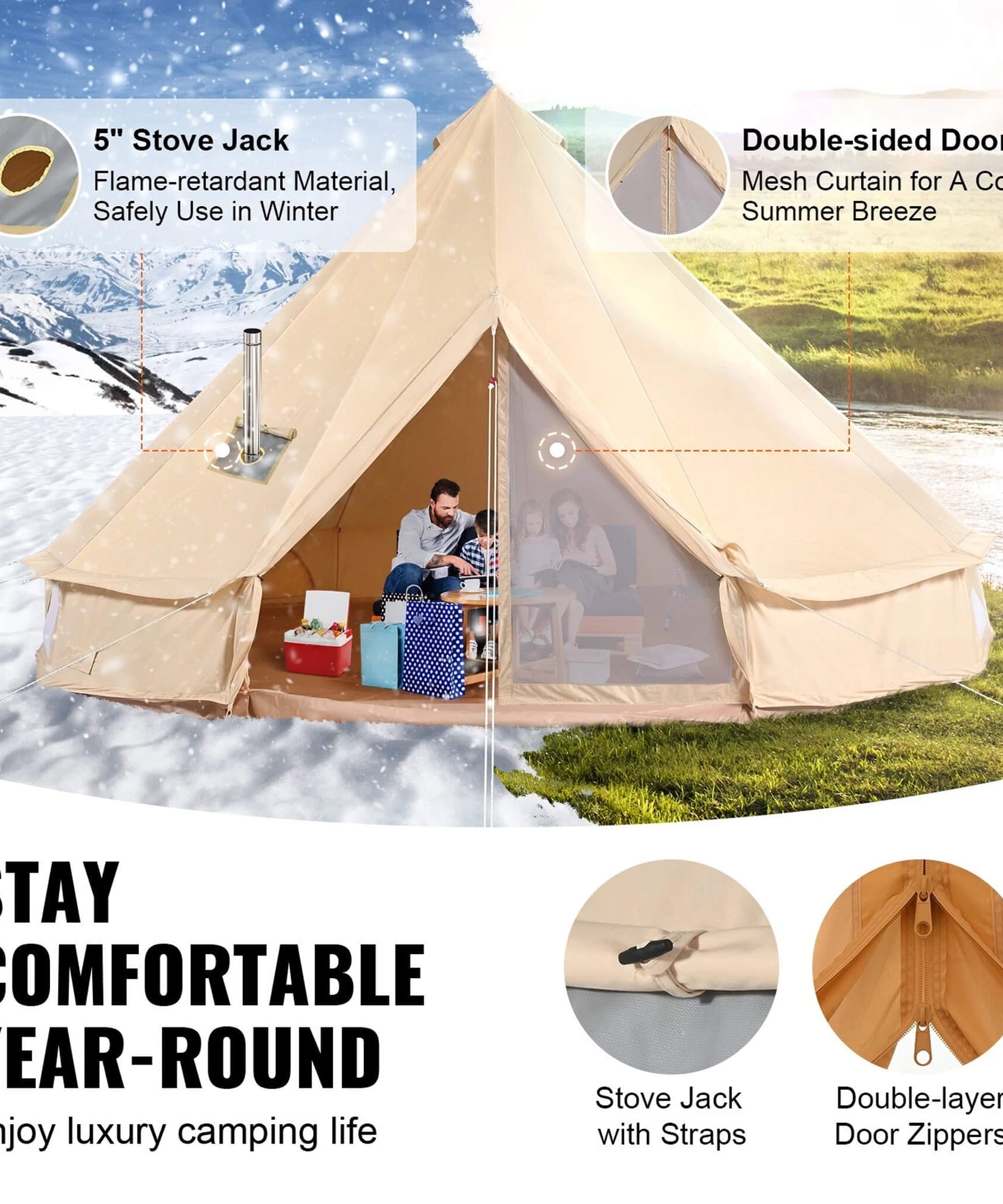 Premium 4-Season Camping Canvas Bell Yurt Tent With Stove Jack (SAK47589)
