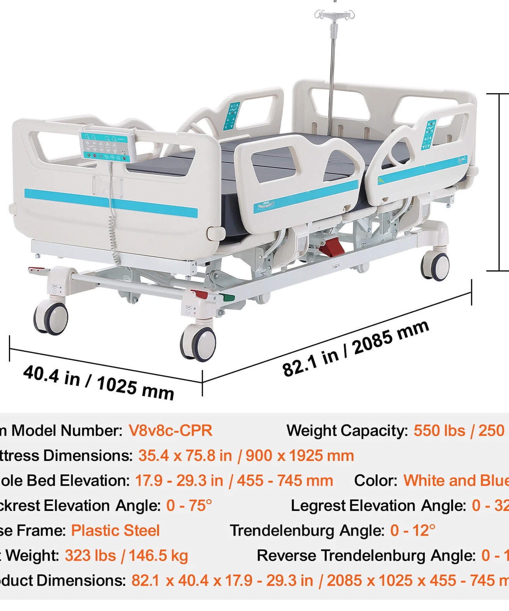 Premium 5-Function Electric Adjustable Medical Hospital Bed With Cardiac Position, 550LBS (SAK62312)