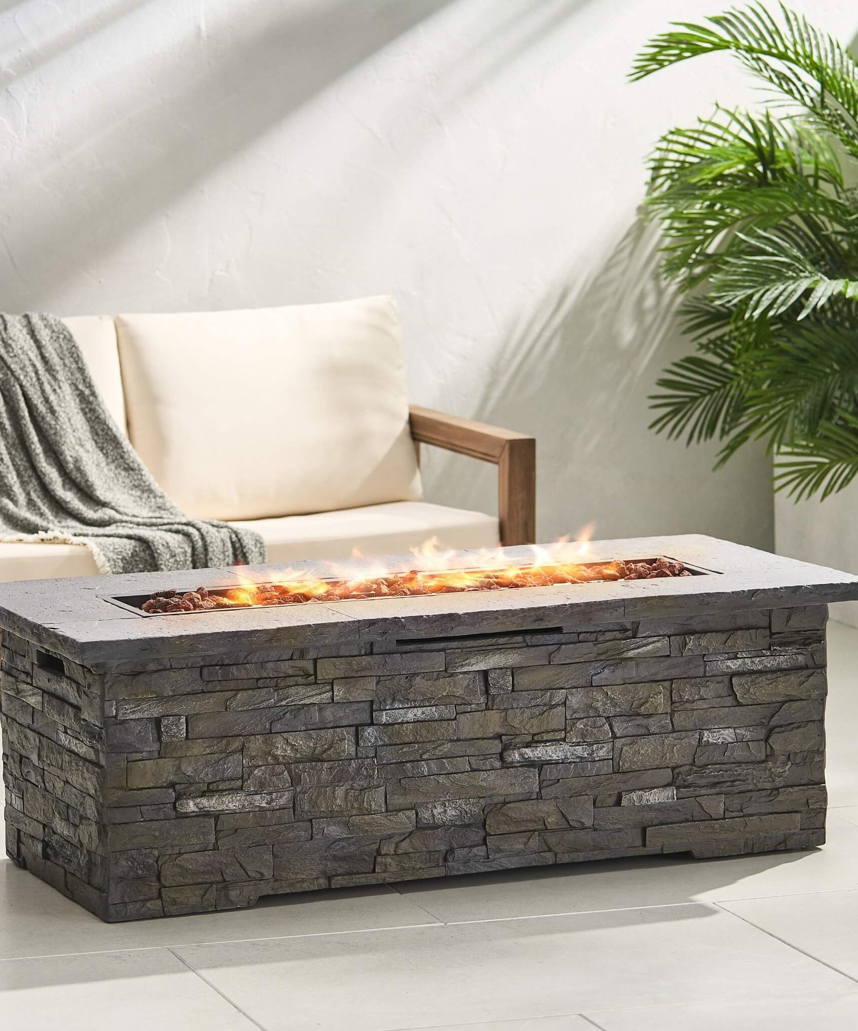Alora Premium 56" Outdoor Rectangular Concrete Propane Fire Pit W/ Faux Stone Pattern, 50K BTU (SAK31845)