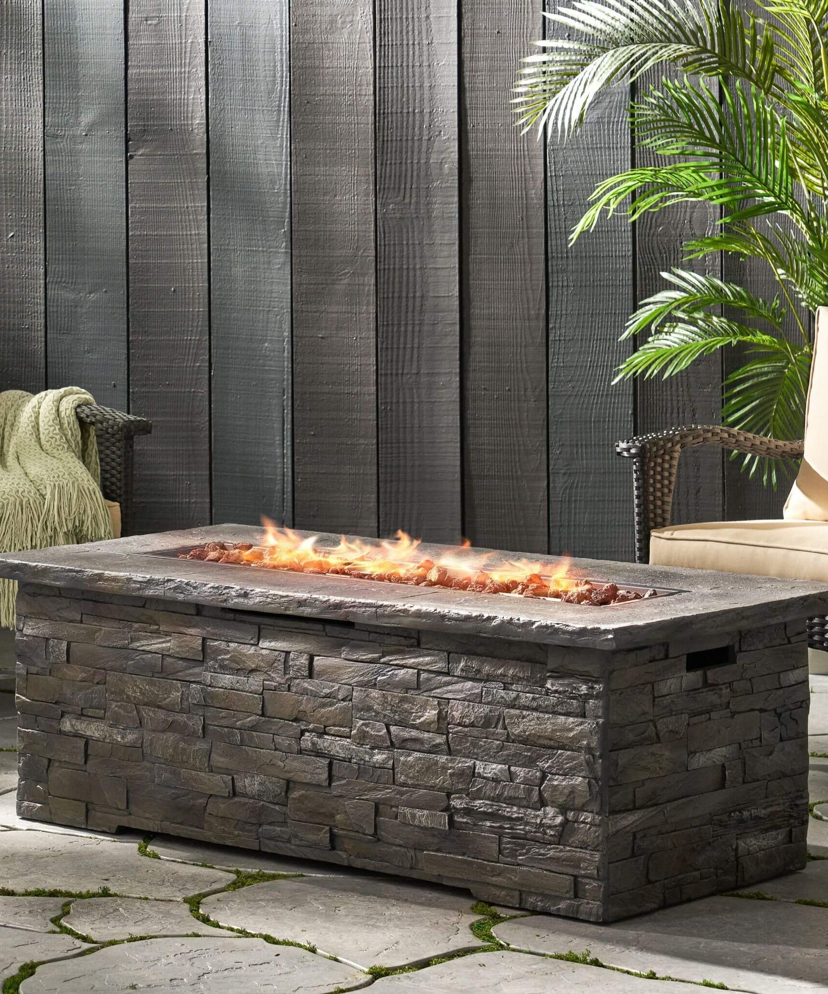 Alora Premium 56" Outdoor Rectangular Concrete Propane Fire Pit W/ Faux Stone Pattern, 50K BTU (SAK31845)