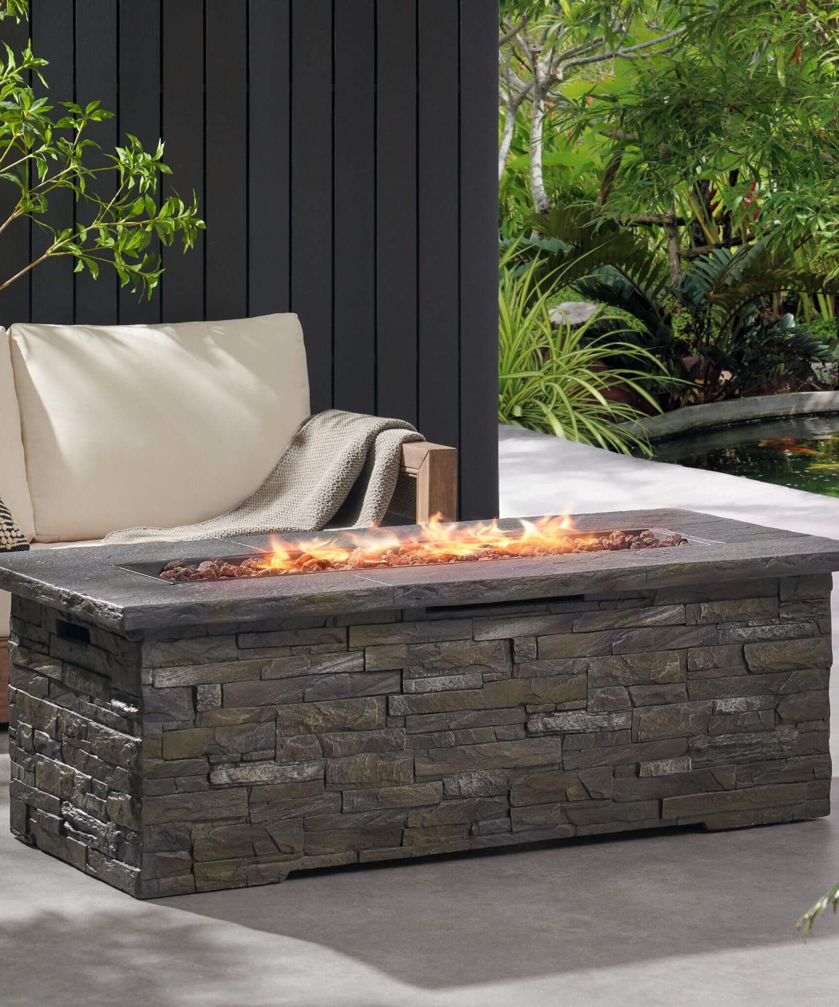 Alora Premium 56" Outdoor Rectangular Concrete Propane Fire Pit W/ Faux Stone Pattern, 50K BTU (SAK31845)