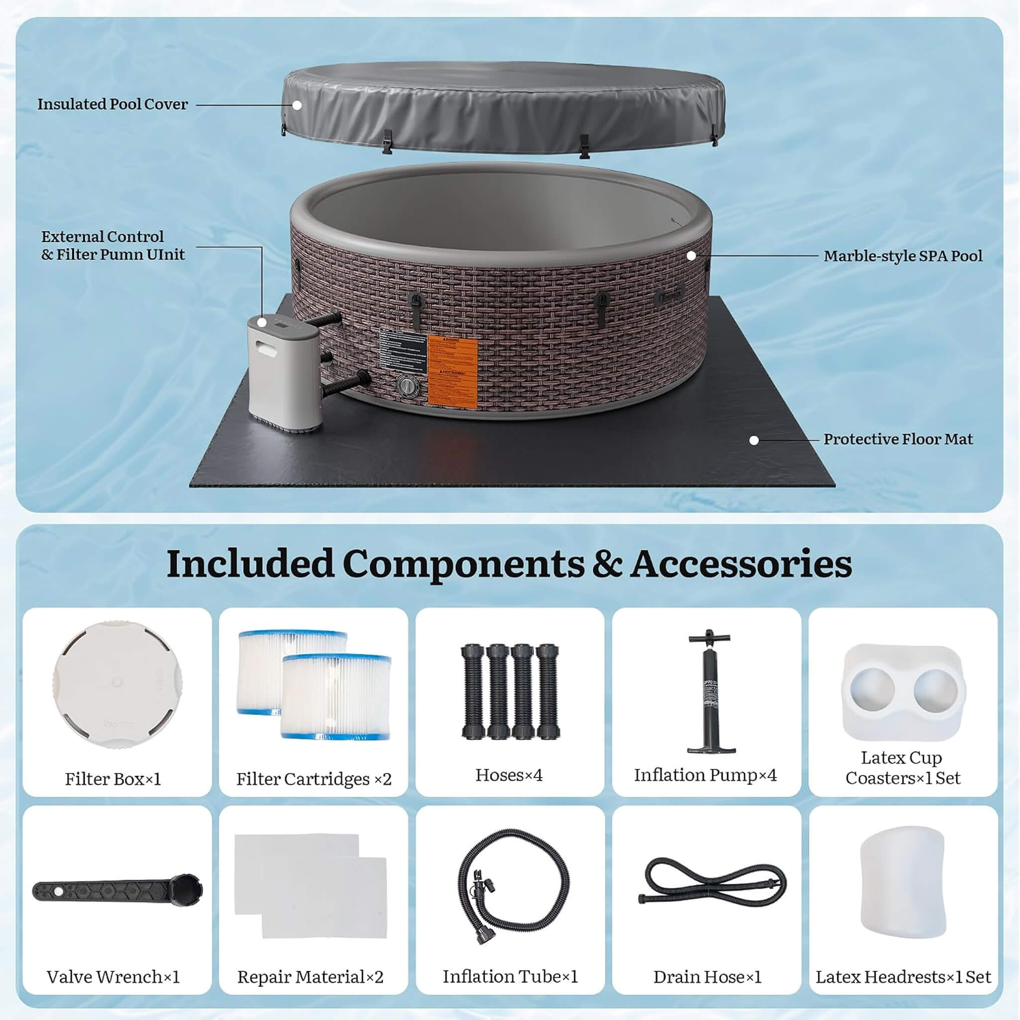 Premium 77-Inch Inflatable 6-Person Drop-Stitch Hot Tub W/ 180 Massage Jets (SAK87132)
