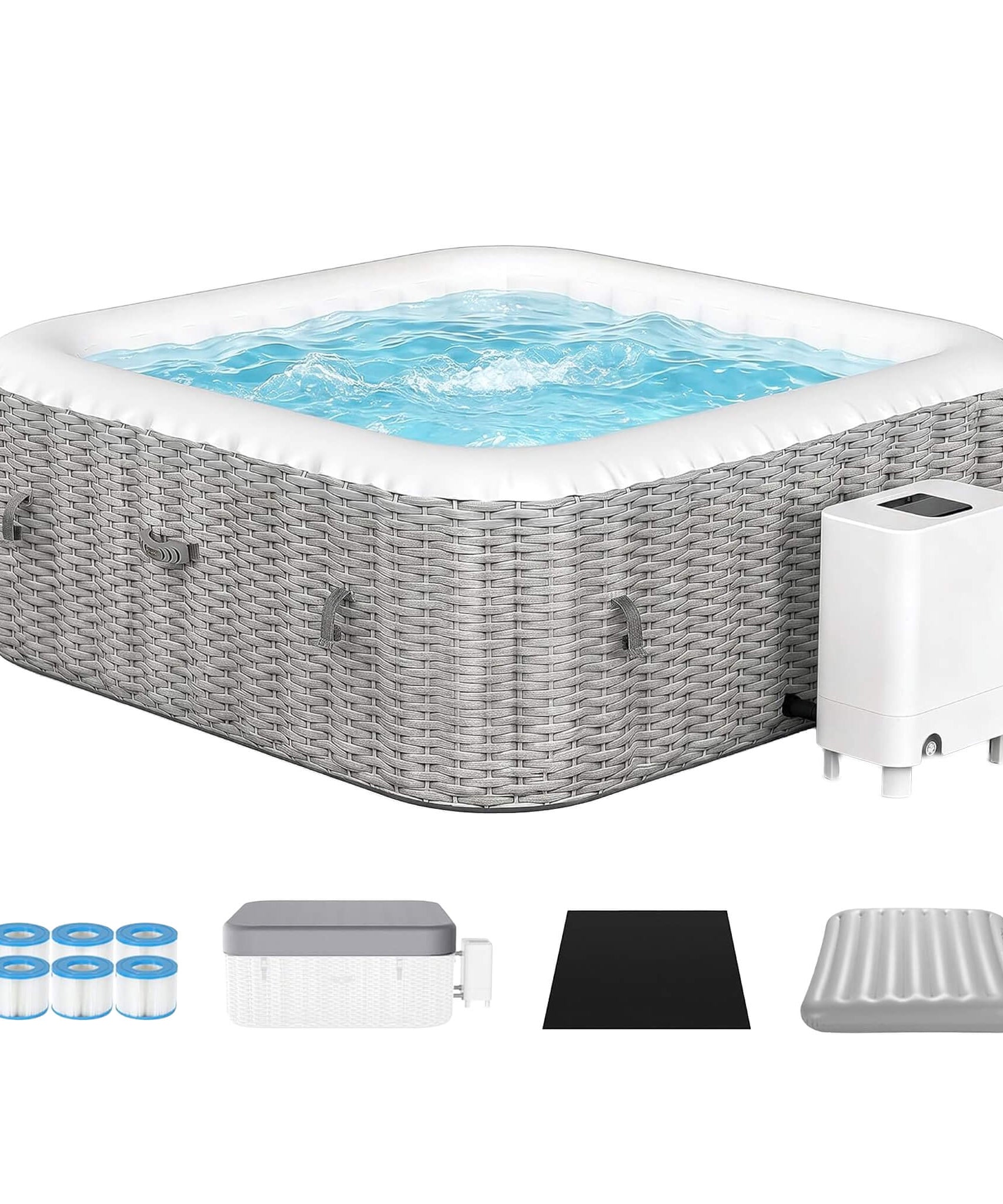 Premium 73-Inch Portable 6-Person Inflatable Square Hot Tub W/ 130 Massage Jets And 6 Filter Cartridges (SAK82109)