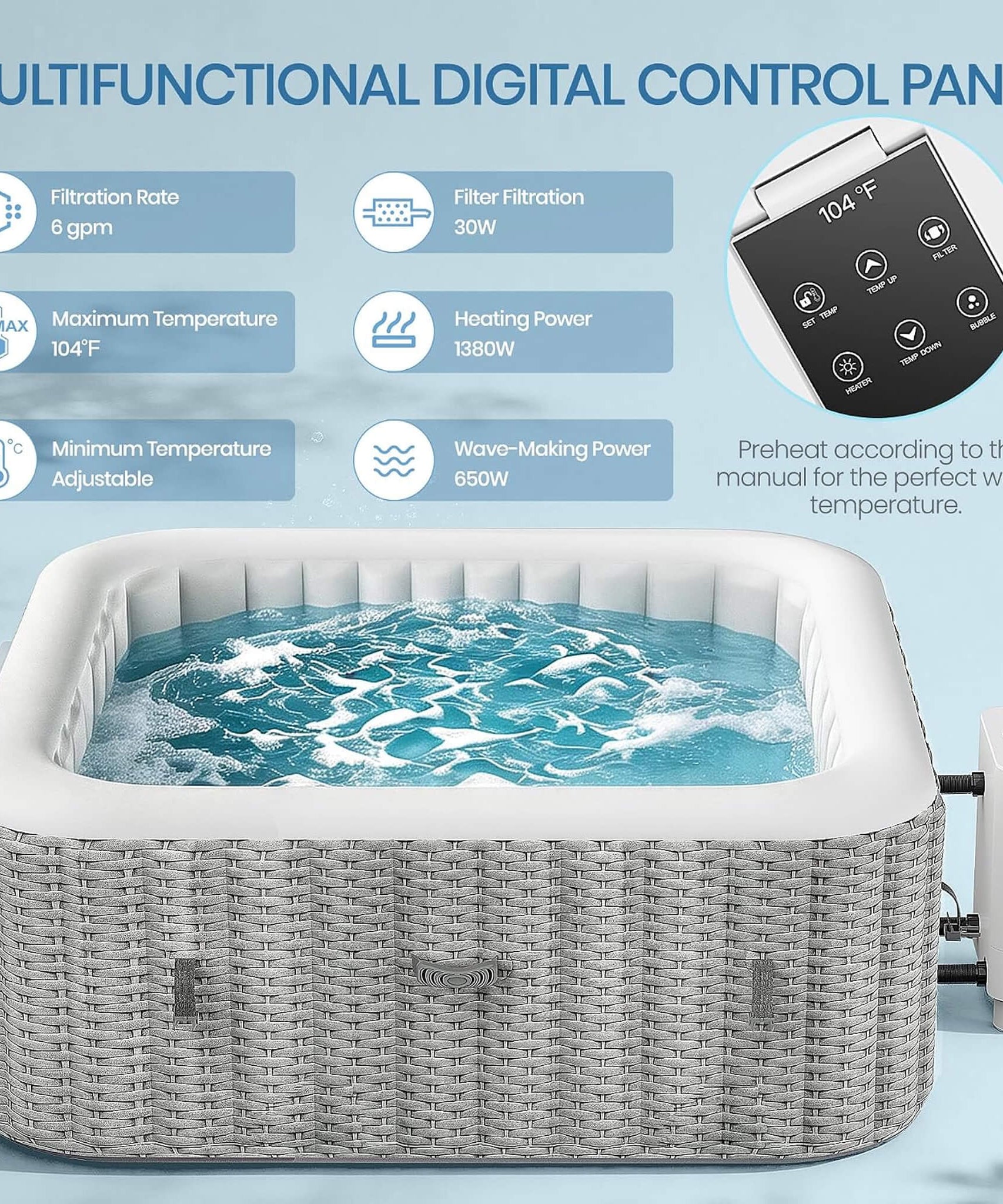 Premium 73-Inch Portable 6-Person Inflatable Square Hot Tub W/ 130 Massage Jets And 6 Filter Cartridges (SAK82109)