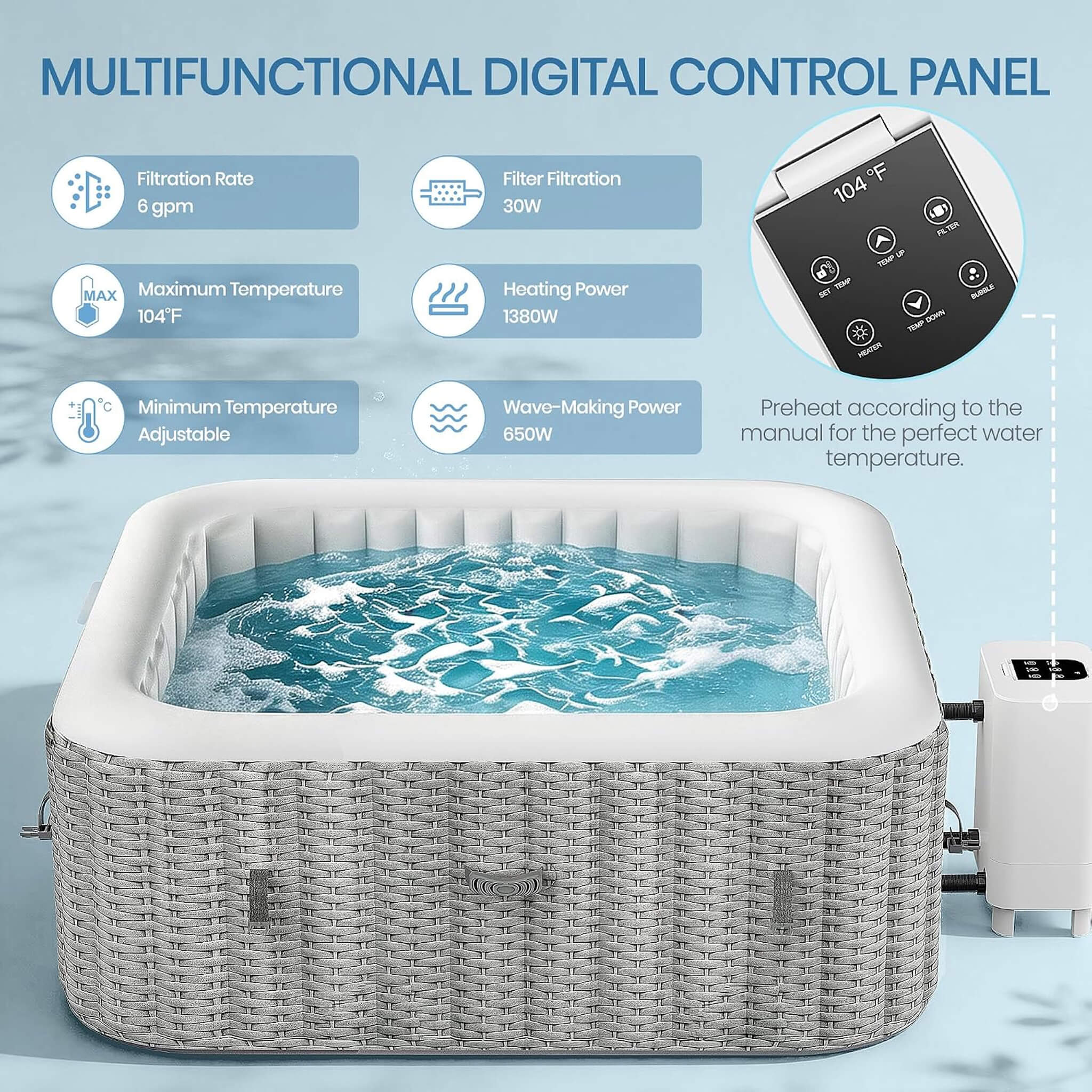 Premium 73-Inch Portable 6-Person Inflatable Square Hot Tub W/ 130 Massage Jets And 6 Filter Cartridges (SAK82109)