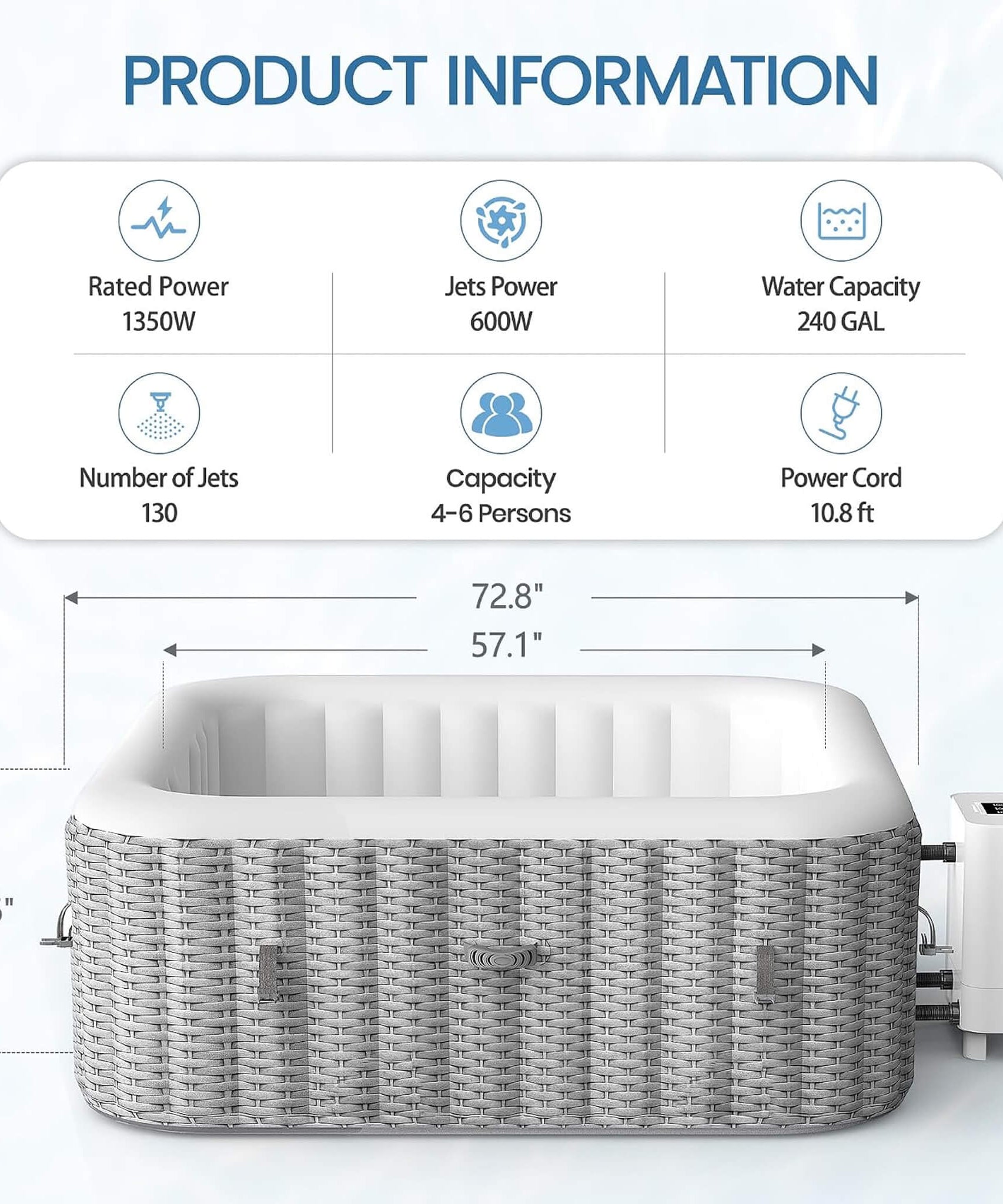 Premium 73-Inch Portable 6-Person Inflatable Square Hot Tub W/ 130 Massage Jets And 6 Filter Cartridges (SAK82109)
