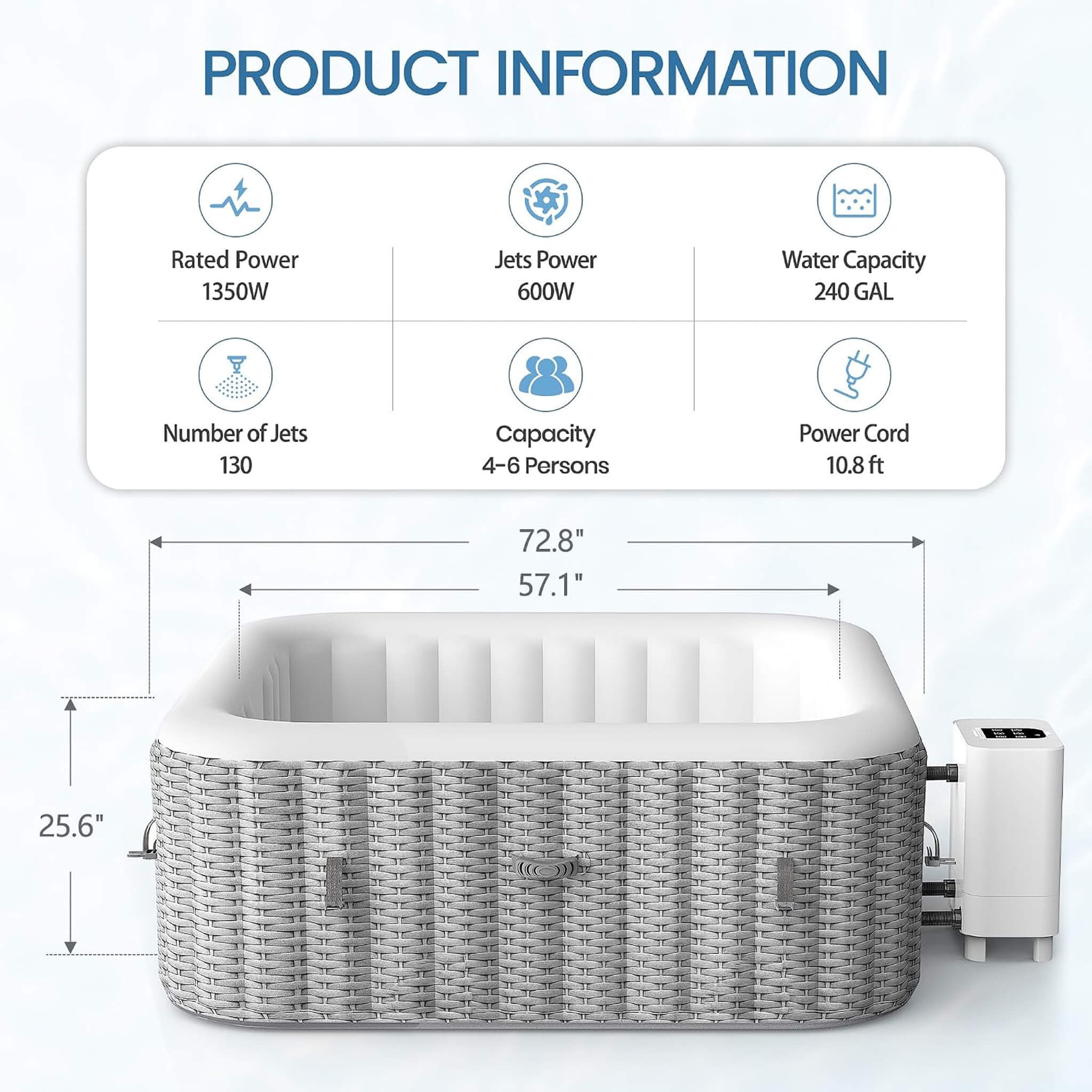 Premium 73-Inch Portable 6-Person Inflatable Square Hot Tub W/ 130 Massage Jets And 6 Filter Cartridges (SAK82109)