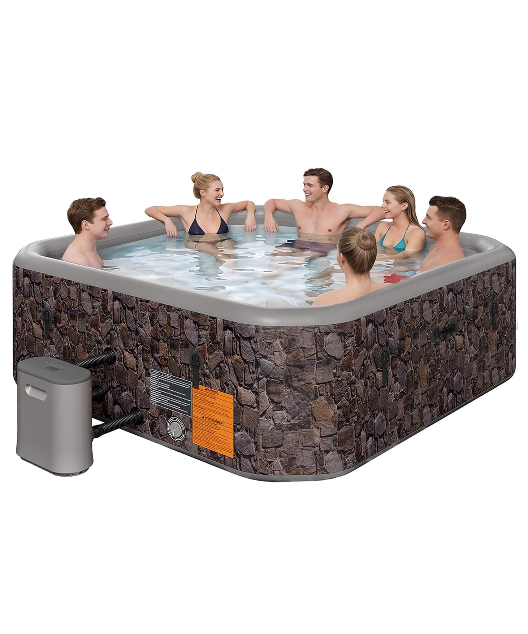 Premium 77-Inch Portable 6-Person Natural Stone Design Inflatable Square Hot Tub W/ 180 Massage Jets (SAK86251)