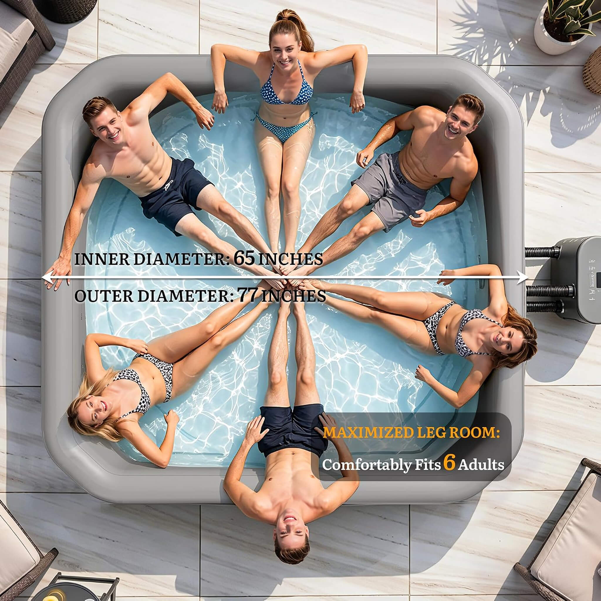 Premium 77-Inch Portable 6-Person Natural Stone Design Inflatable Square Hot Tub W/ 180 Massage Jets (SAK86251)