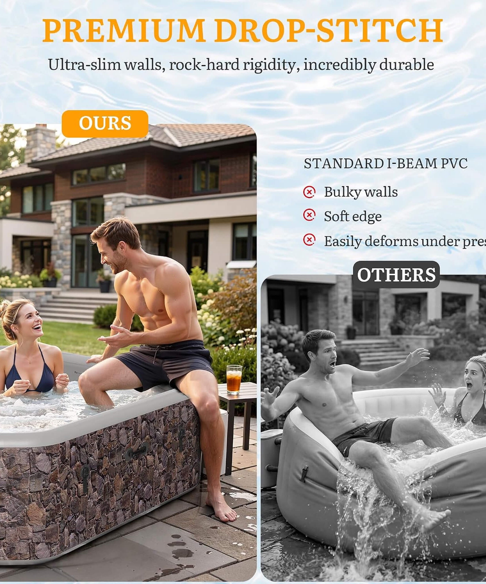 Premium 77-Inch Portable 6-Person Natural Stone Design Inflatable Square Hot Tub W/ 180 Massage Jets (SAK86251)