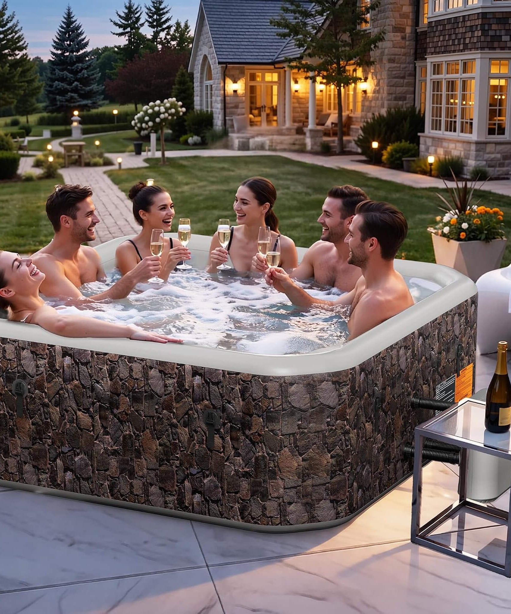 Premium 77-Inch Portable 6-Person Natural Stone Design Inflatable Square Hot Tub W/ 180 Massage Jets (SAK86251)