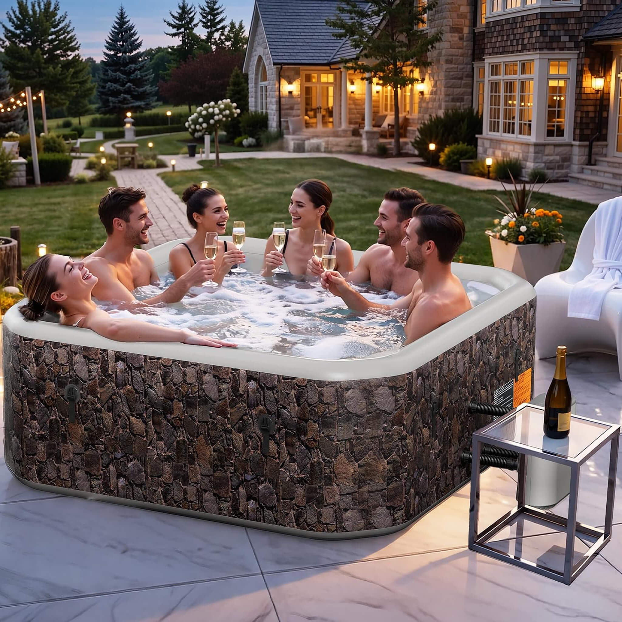 Premium 77-Inch Portable 6-Person Natural Stone Design Inflatable Square Hot Tub W/ 180 Massage Jets (SAK86251)