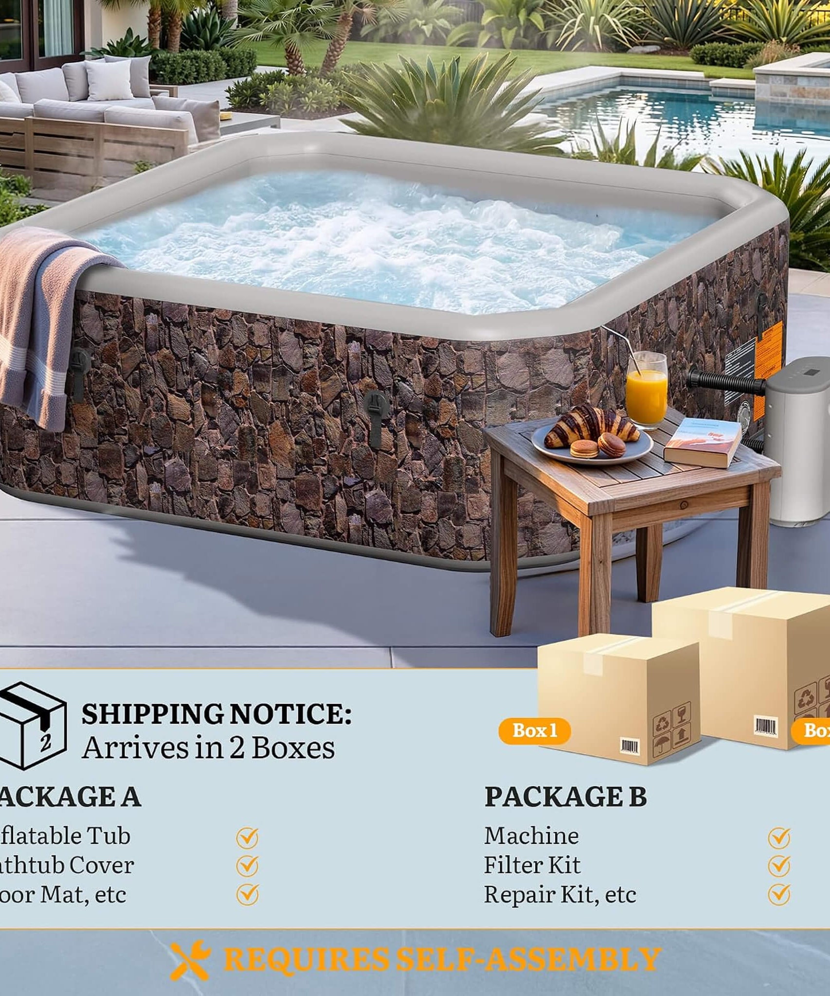 Premium 77-Inch Portable 6-Person Natural Stone Design Inflatable Square Hot Tub W/ 180 Massage Jets (SAK86251)