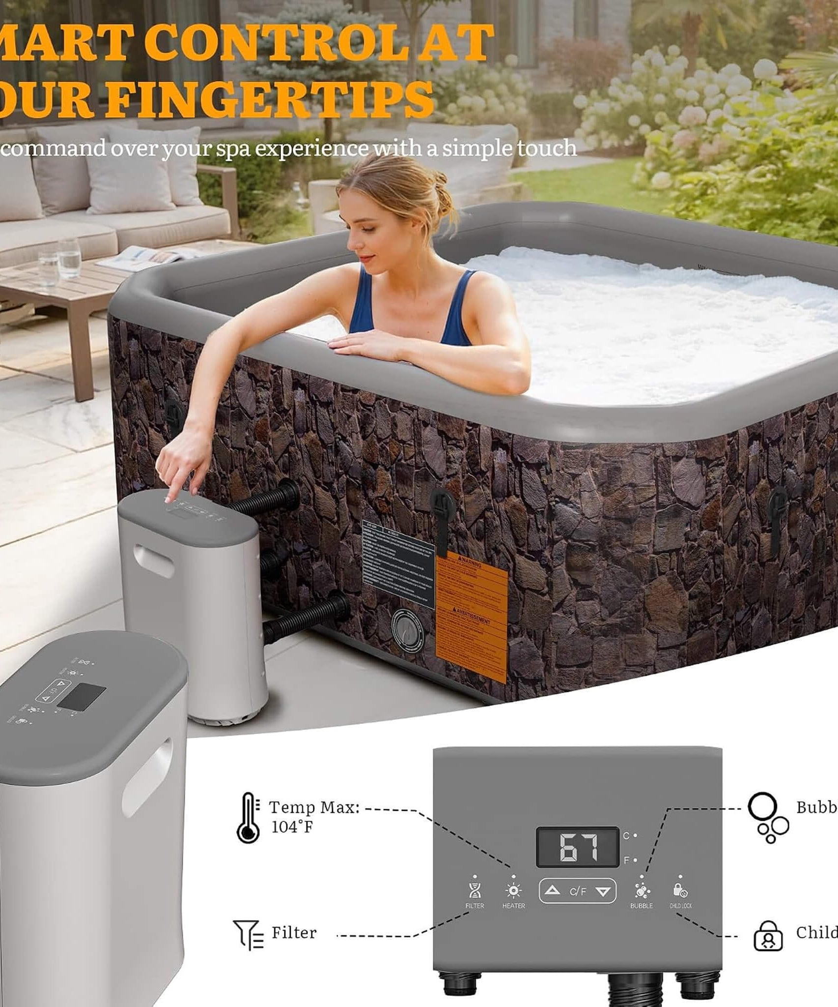 Premium 77-Inch Portable 6-Person Natural Stone Design Inflatable Square Hot Tub W/ 180 Massage Jets (SAK86251)