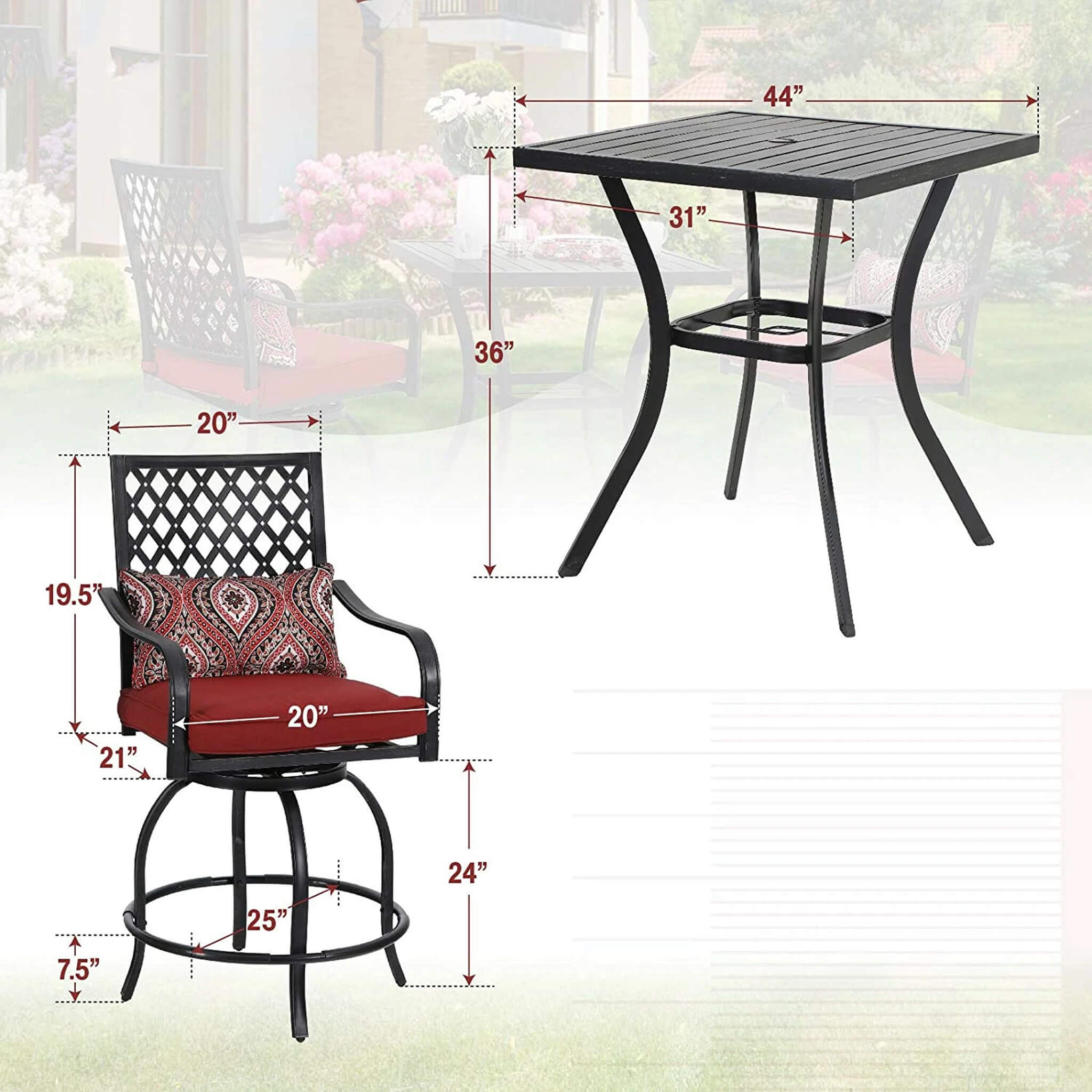 Alora Premium 6-Piece Bar Patio Furniture Set With Umbrella, Swivel Chairs, And Cushions (SAK90375)