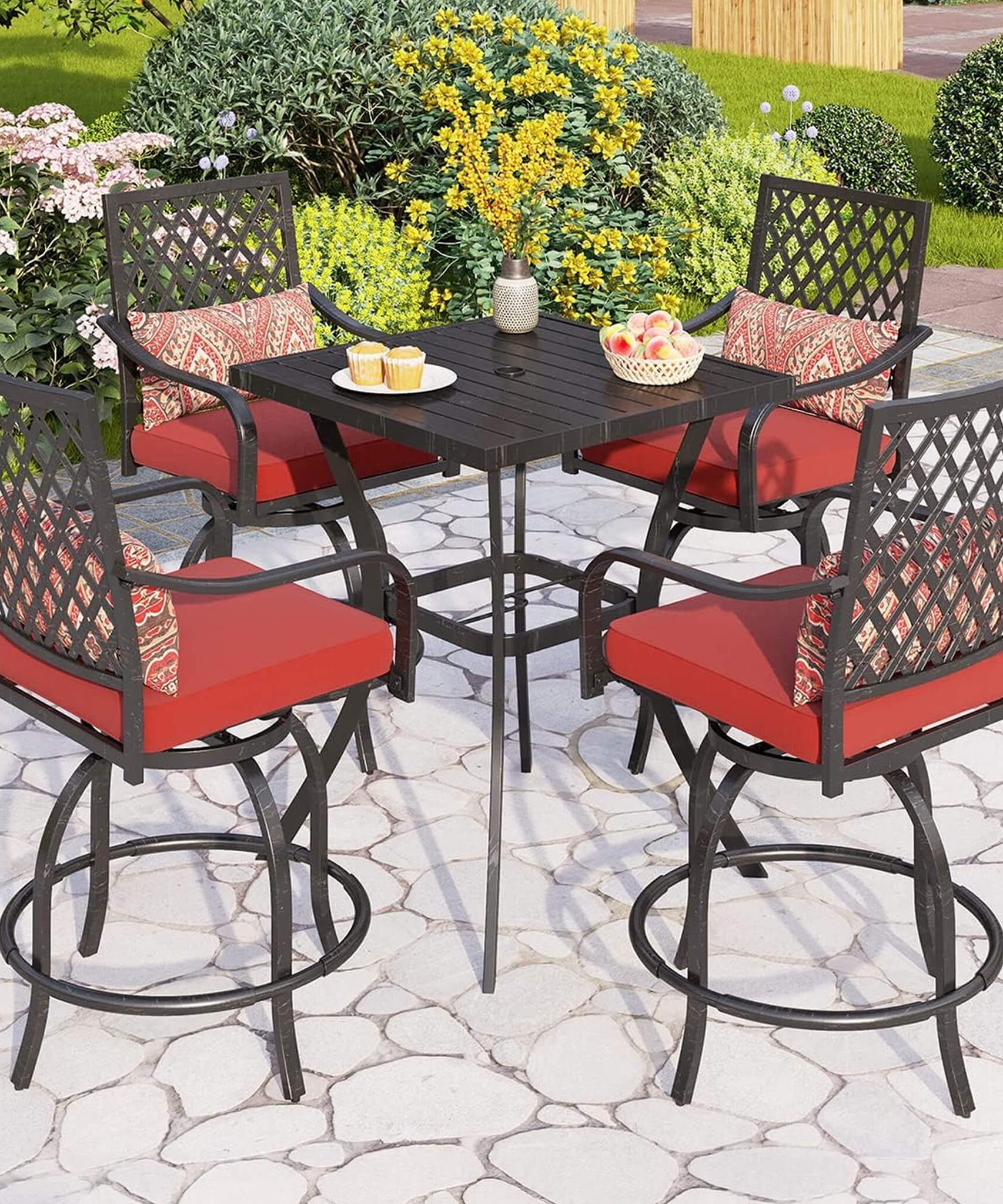 Alora Premium 6-Piece Bar Patio Furniture Set With Umbrella, Swivel Chairs, And Cushions (SAK90375)