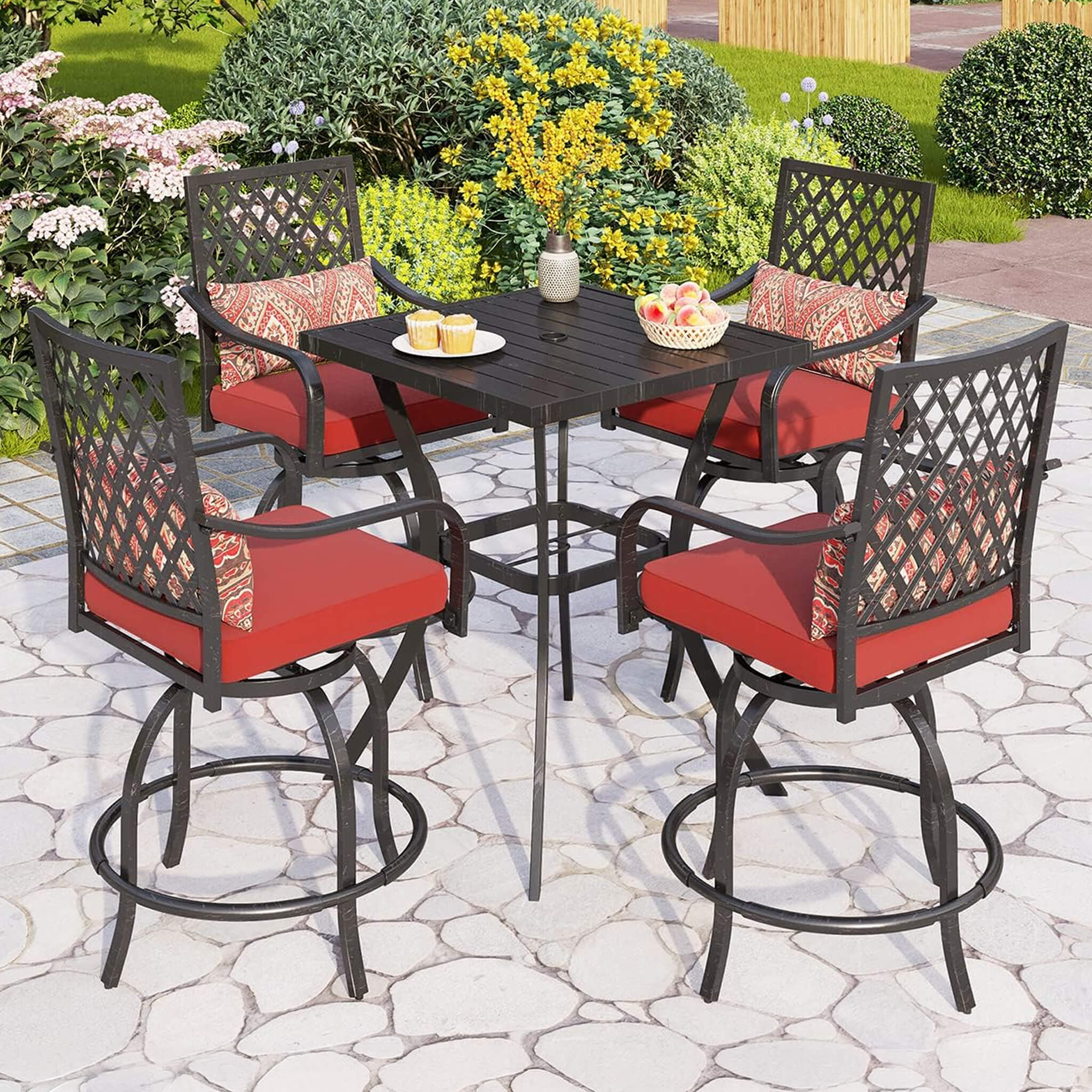 Alora Premium 6-Piece Bar Patio Furniture Set With Umbrella, Swivel Chairs, And Cushions (SAK90375)
