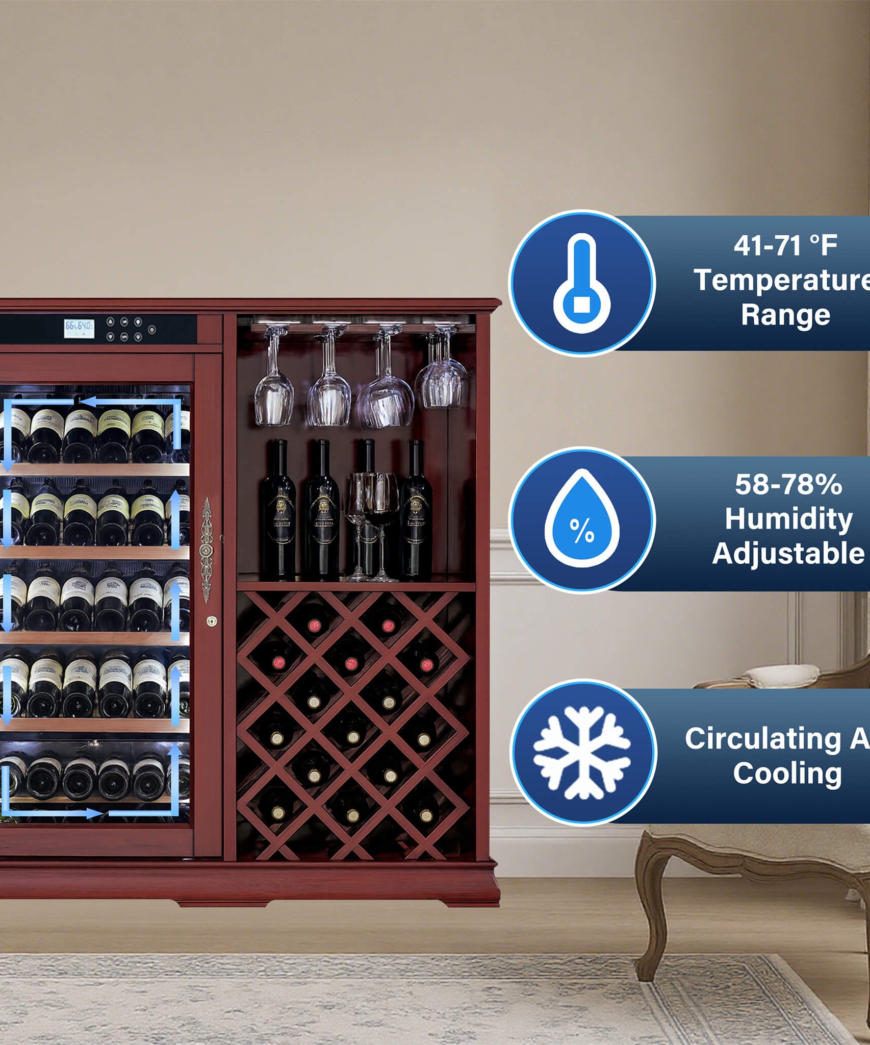 Nuvia 69-Bottle Wooden Wine Cooler Cabinet With Built-In Storage (SAK17539)