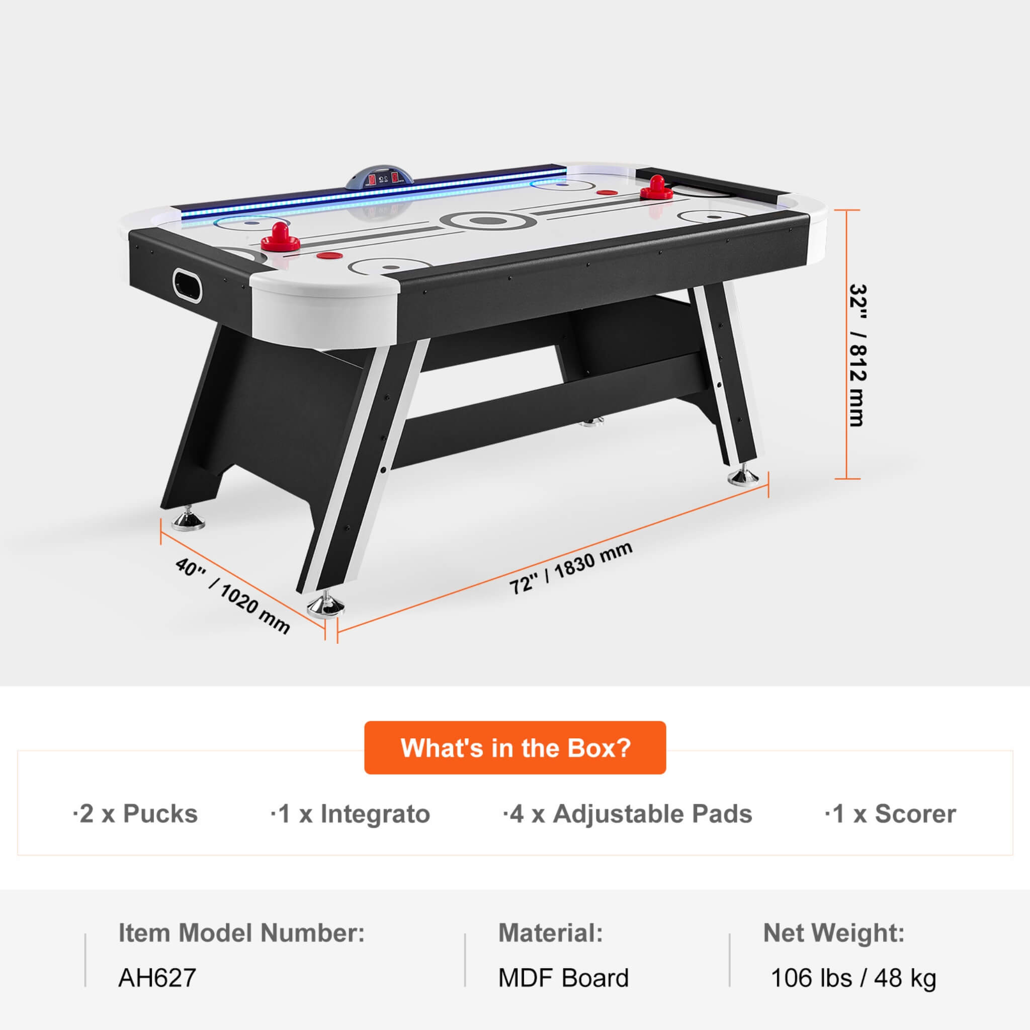 Premium 72-Inch Air Hockey Table With LED Electronic Scorer (SAK82049)
