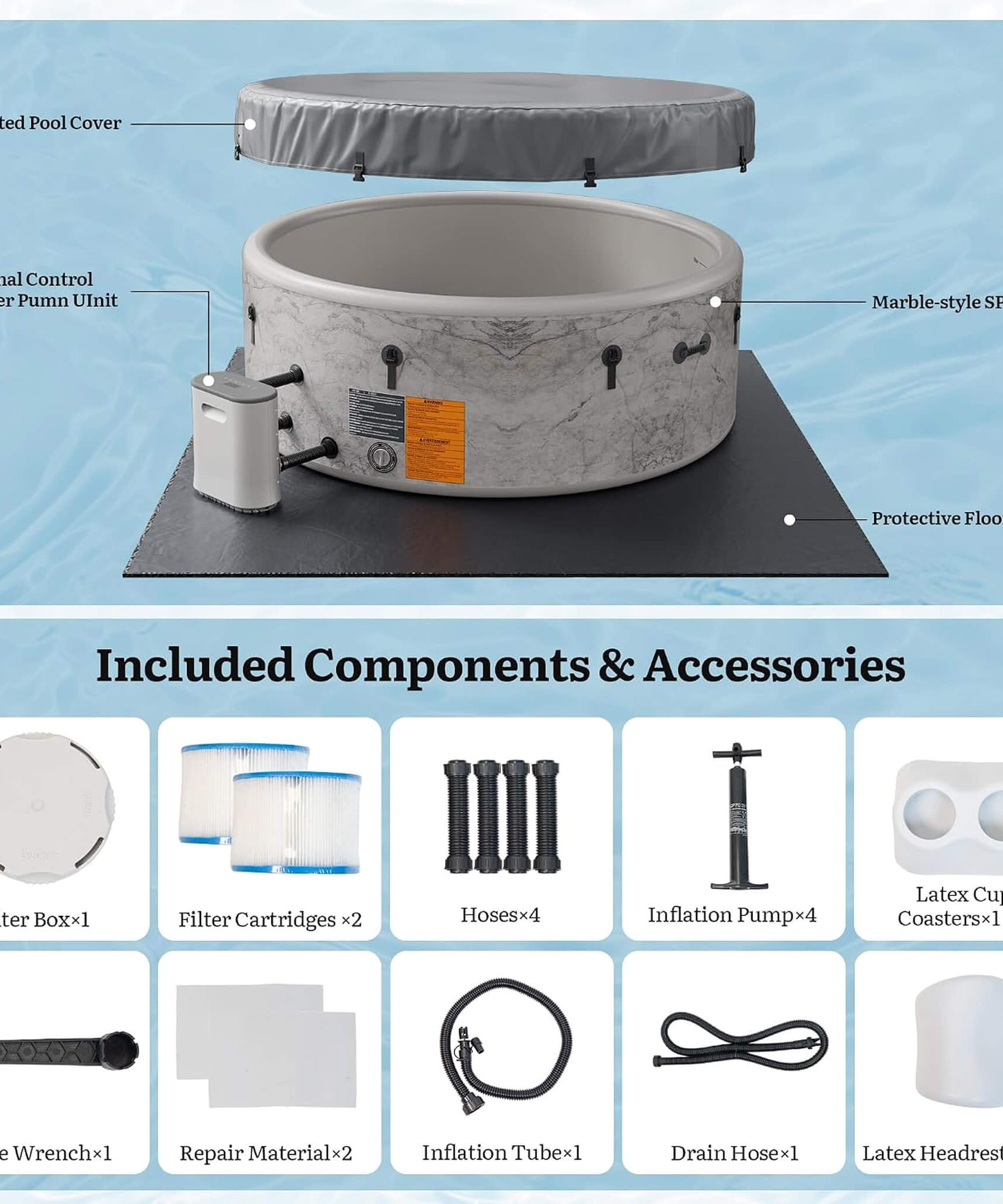 Premium 85-Inch Inflatable 8-Person Drop-Stitch Hot Tub W/ 220 Massage Jets (SAK78596)