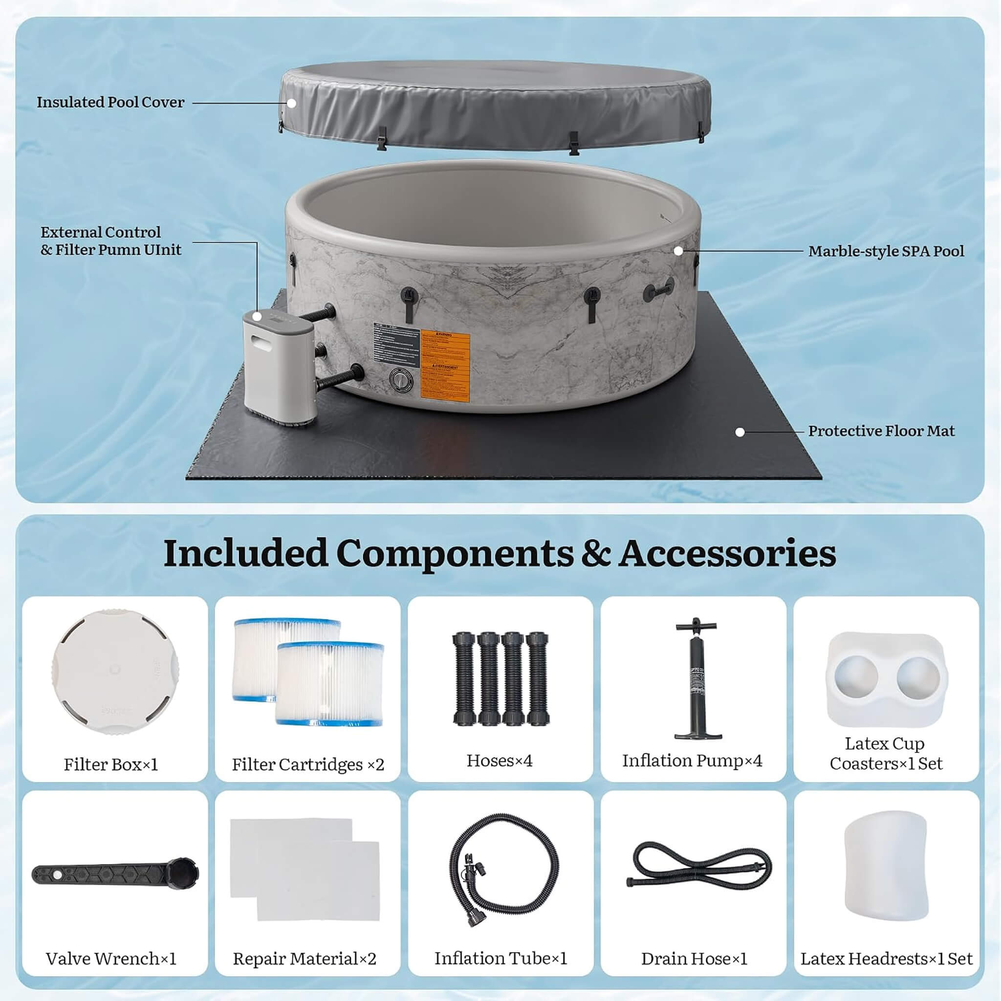 Premium 85-Inch Inflatable 8-Person Drop-Stitch Hot Tub W/ 220 Massage Jets (SAK78596)