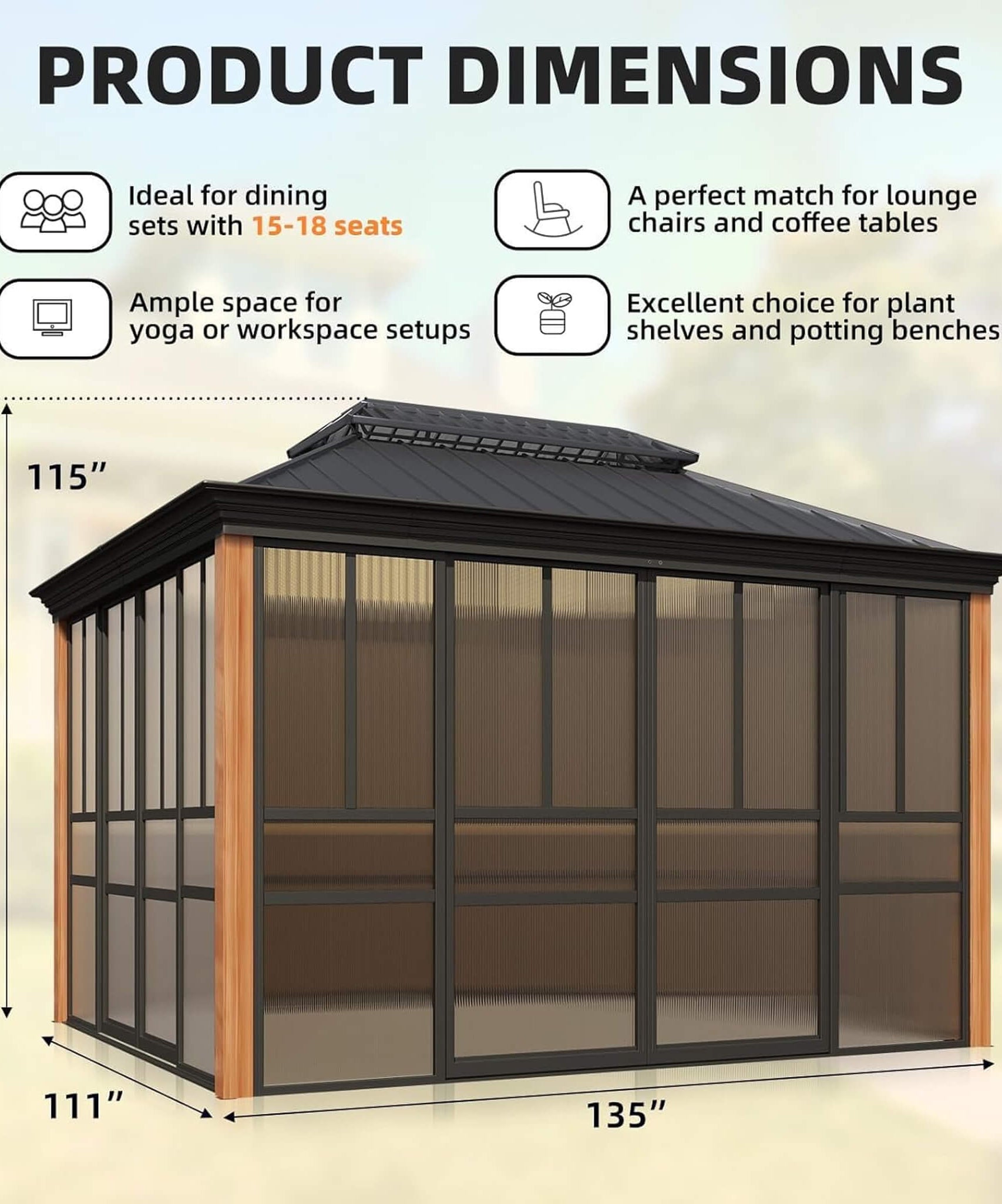 Alora Solstice Premium All-Season Outdoor Wood Grain Sunroom With Sliding Doors And Double Top Roof (SAK58317)