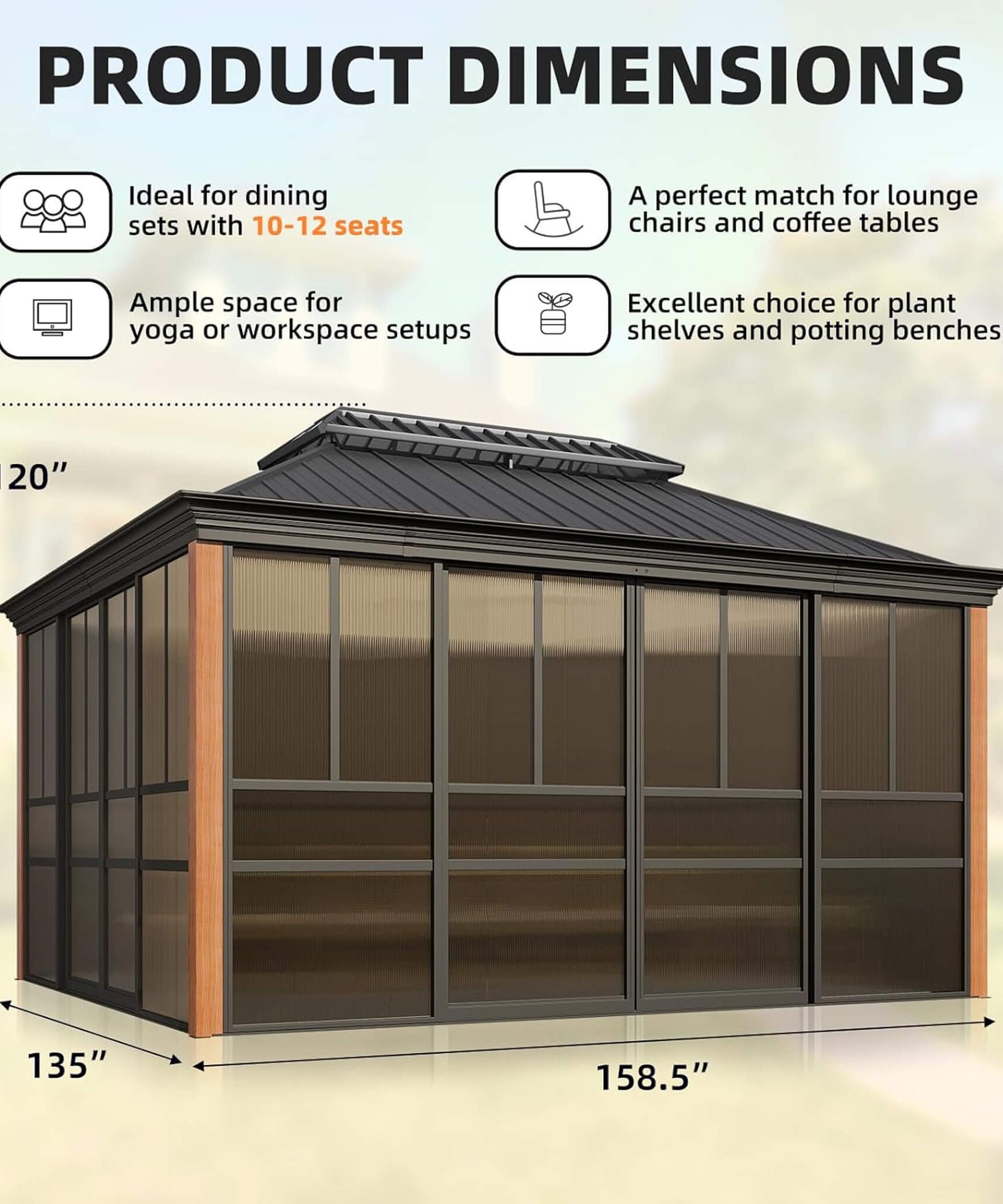 Alora Solstice Premium All-Season Outdoor Wood Grain Sunroom With Sliding Doors And Double Top Roof (SAK58317)