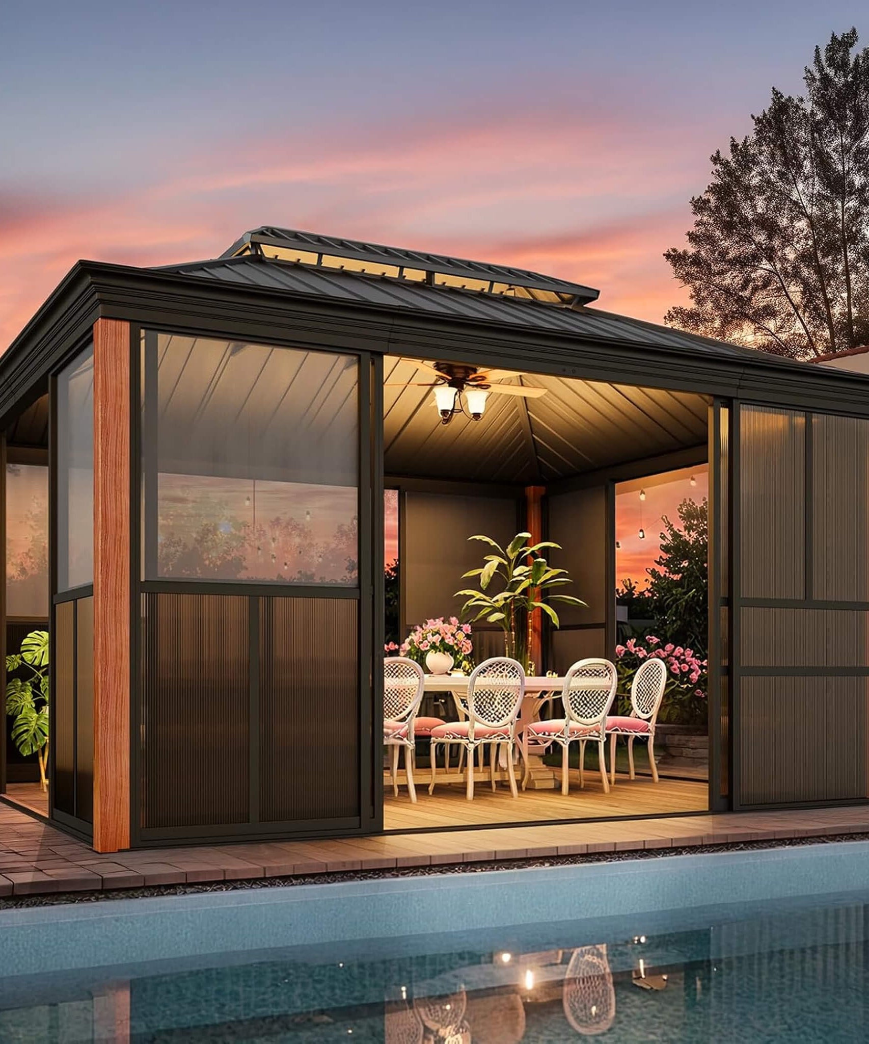 Alora Solstice Premium All-Season Outdoor Wood Grain Sunroom With Sliding Doors And Double Top Roof (SAK58317)