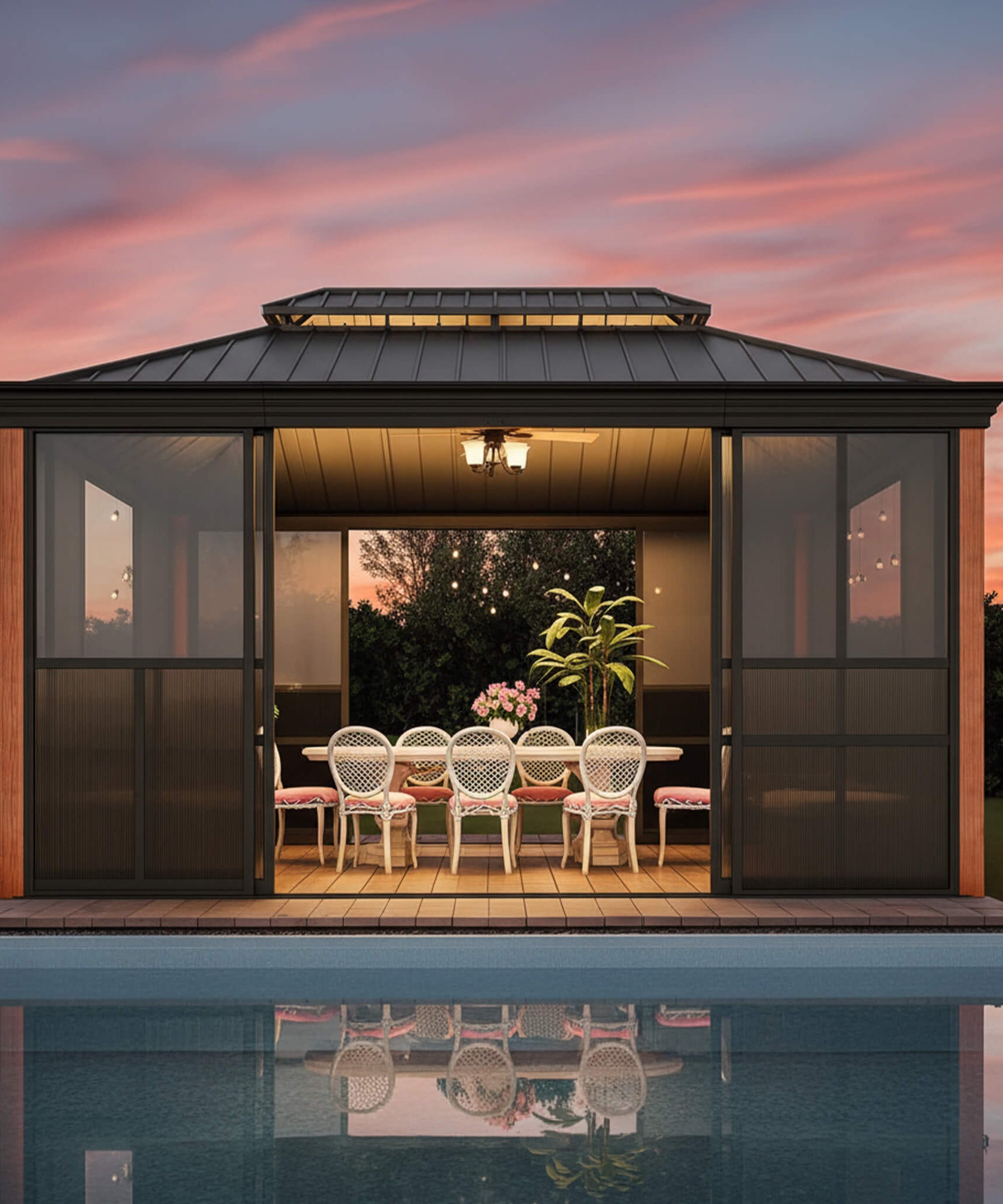 Alora Solstice Premium All-Season Outdoor Wood Grain Sunroom With Sliding Doors And Double Top Roof (SAK58317)