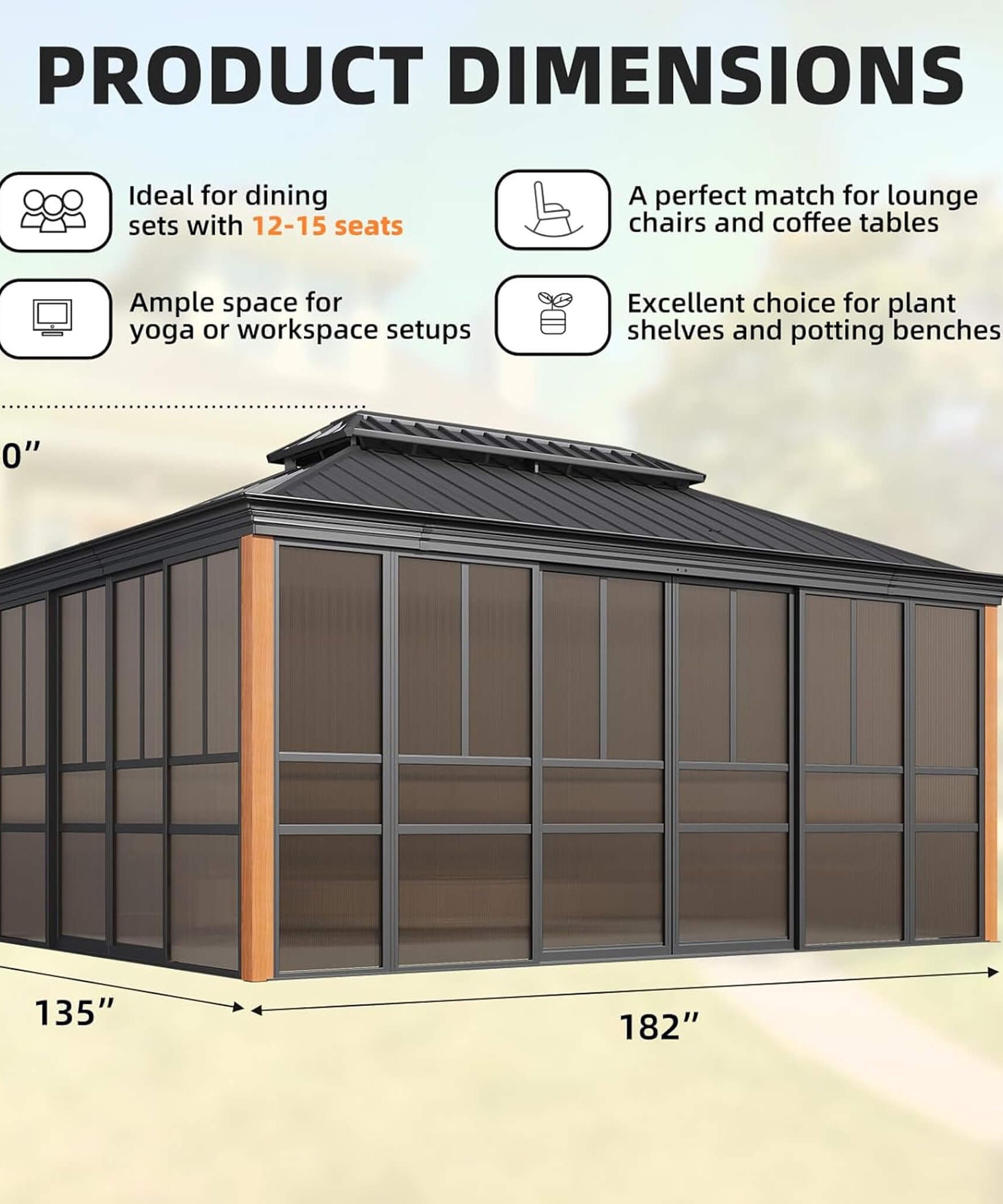 Alora Solstice Premium All-Season Outdoor Wood Grain Sunroom With Sliding Doors And Double Top Roof (SAK58317)