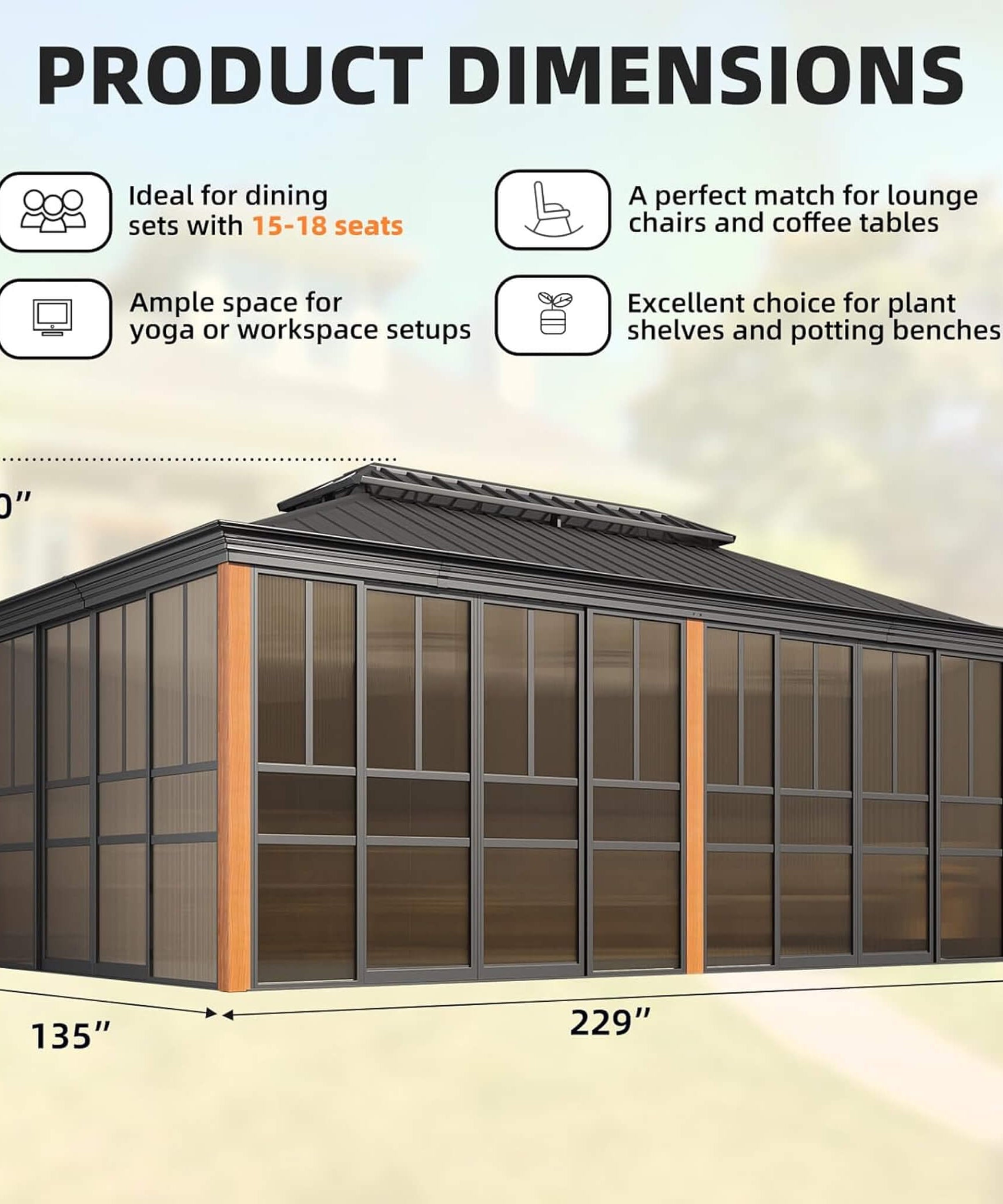 Alora Solstice Premium All-Season Outdoor Wood Grain Sunroom With Sliding Doors And Double Top Roof (SAK58317)