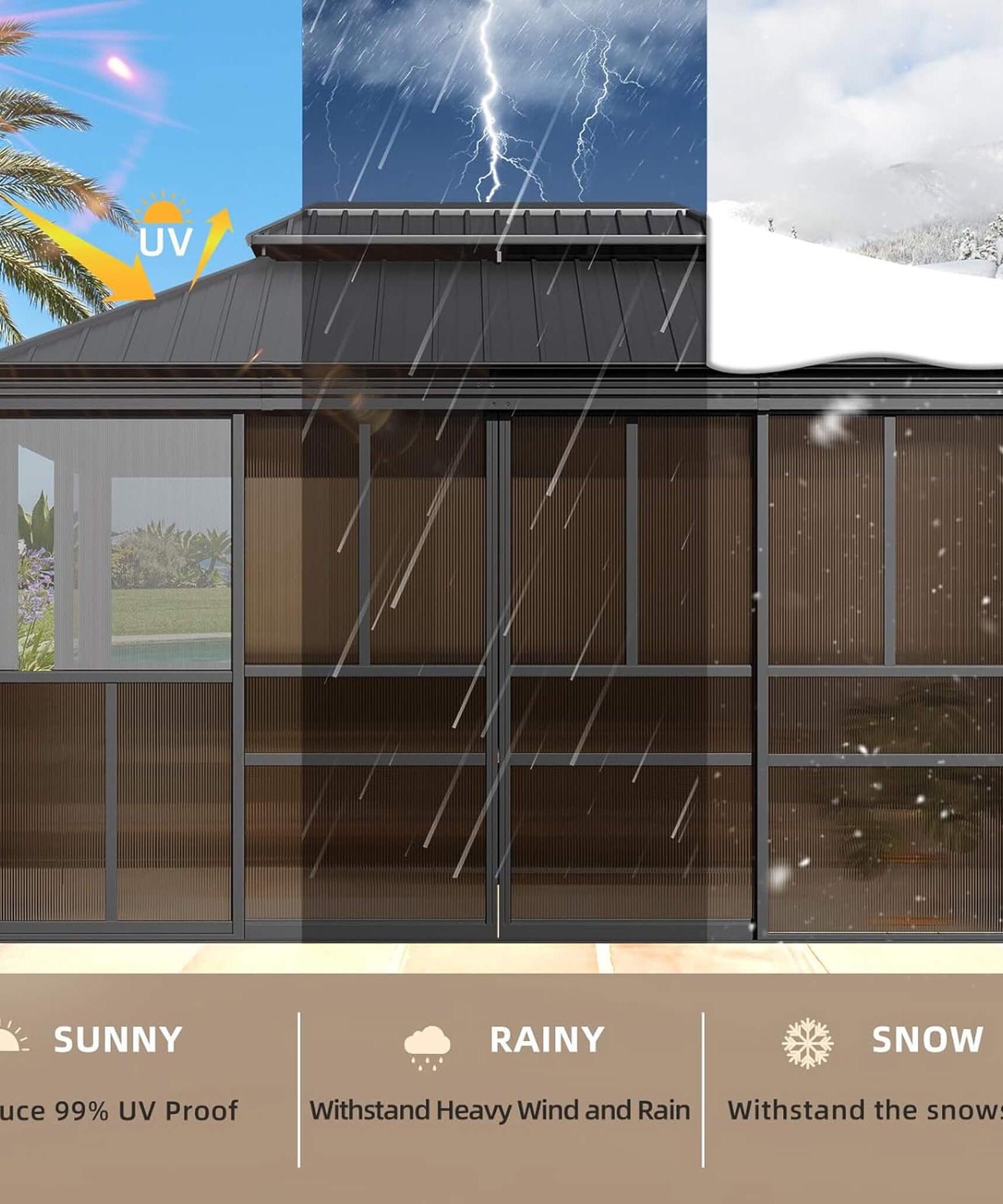 Alora Solstice Premium All-Season Outdoor Wood Grain Sunroom With Sliding Doors And Double Top Roof (SAK58317)