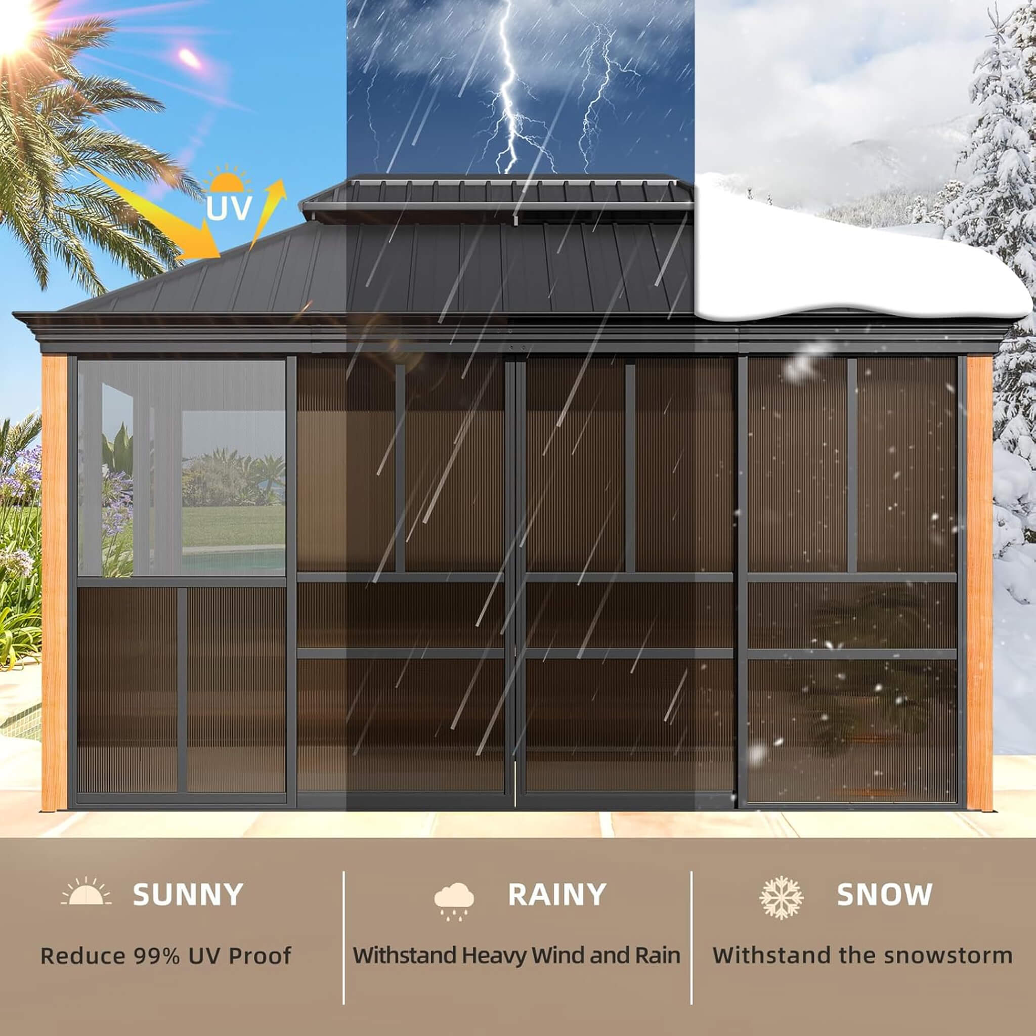Alora Solstice Premium All-Season Outdoor Wood Grain Sunroom With Sliding Doors And Double Top Roof (SAK58317)