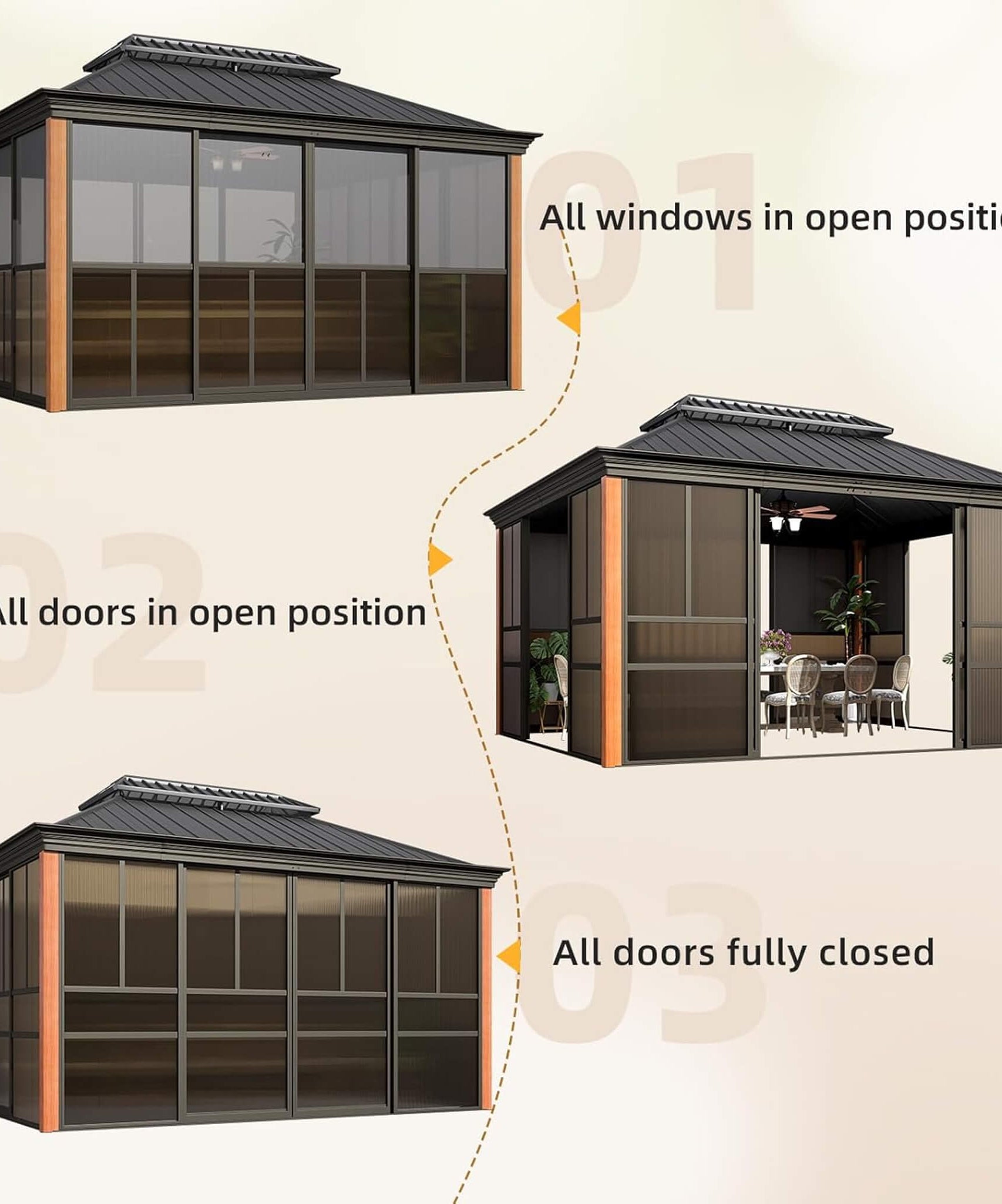 Alora Solstice Premium All-Season Outdoor Wood Grain Sunroom With Sliding Doors And Double Top Roof (SAK58317)