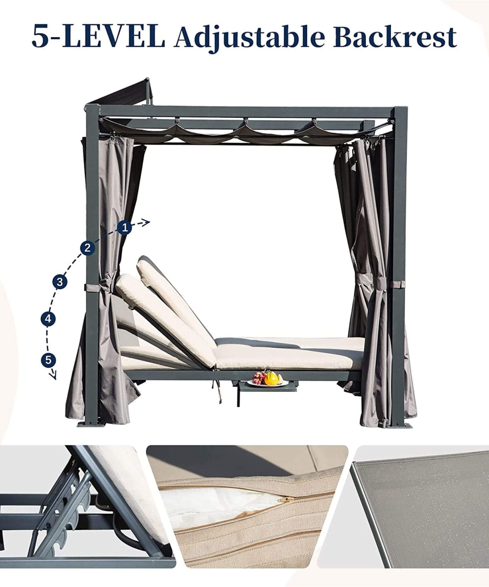 Alora Premium Aluminum Outdoor Patio Daybed With Retractable Canopy And Double Chaise Lounge (SAK17682)
