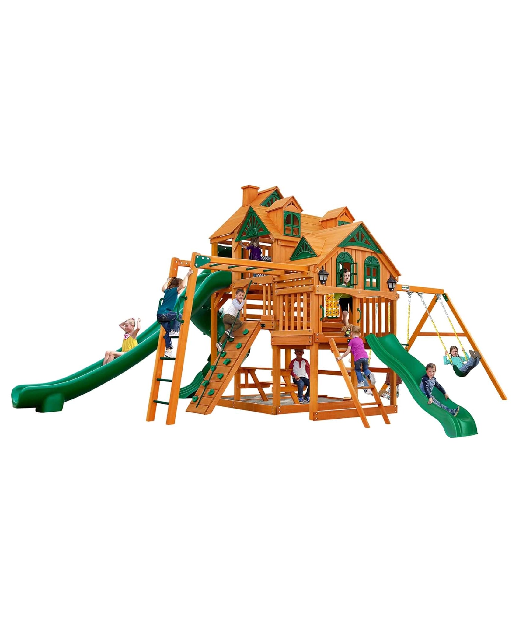 Premium Cedar Wood Swing Set With 3 Play Decks 3 Slides And Monkey Bars (SAK21486)