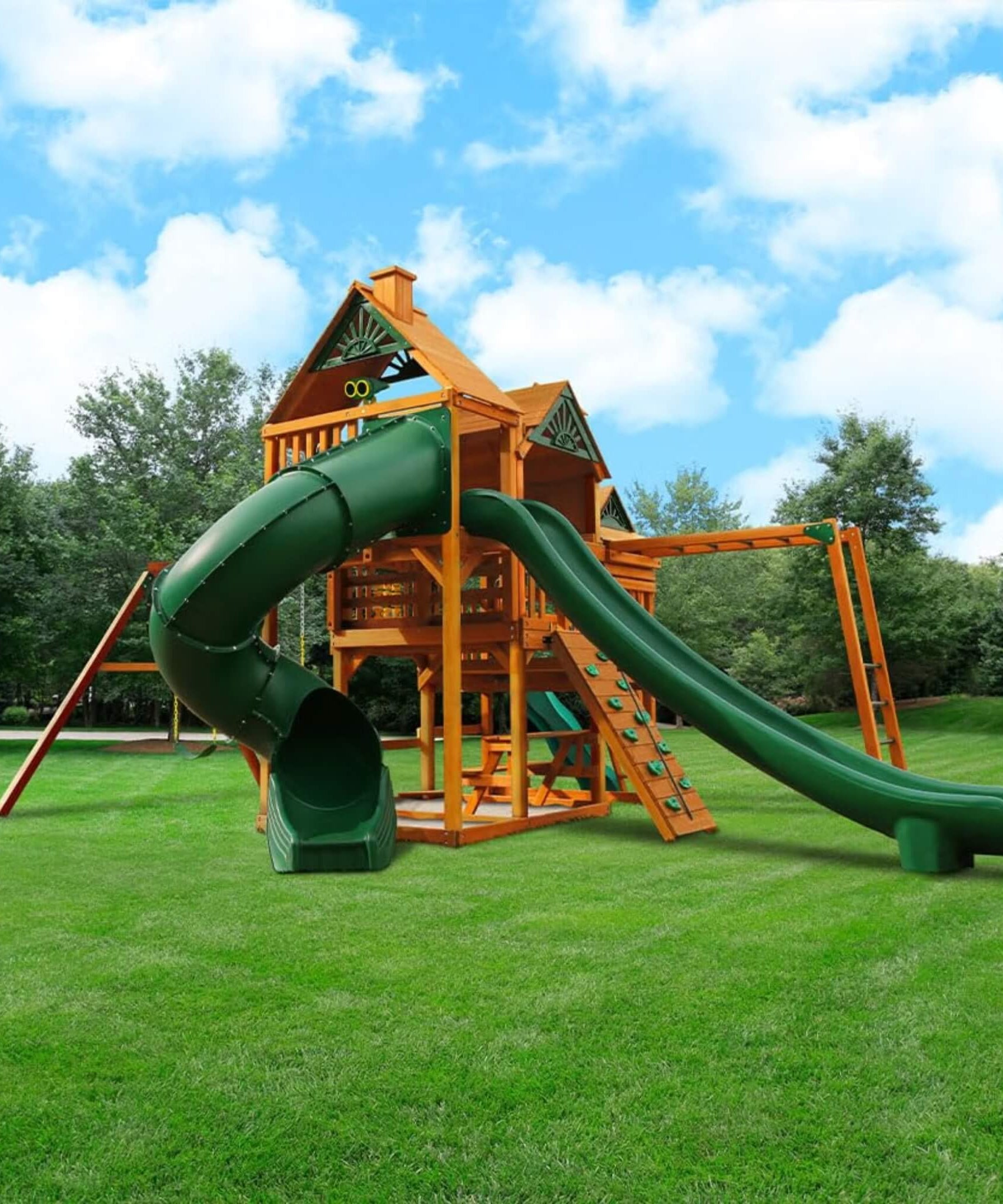Premium Cedar Wood Swing Set With 3 Play Decks 3 Slides And Monkey Bars (SAK21486)